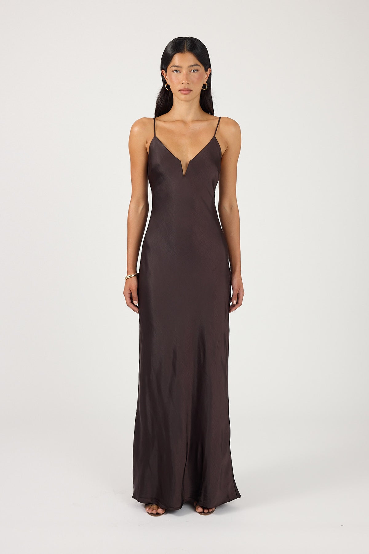 Perfect Stranger Rosealine Satin Maxi Dress Dark Brown