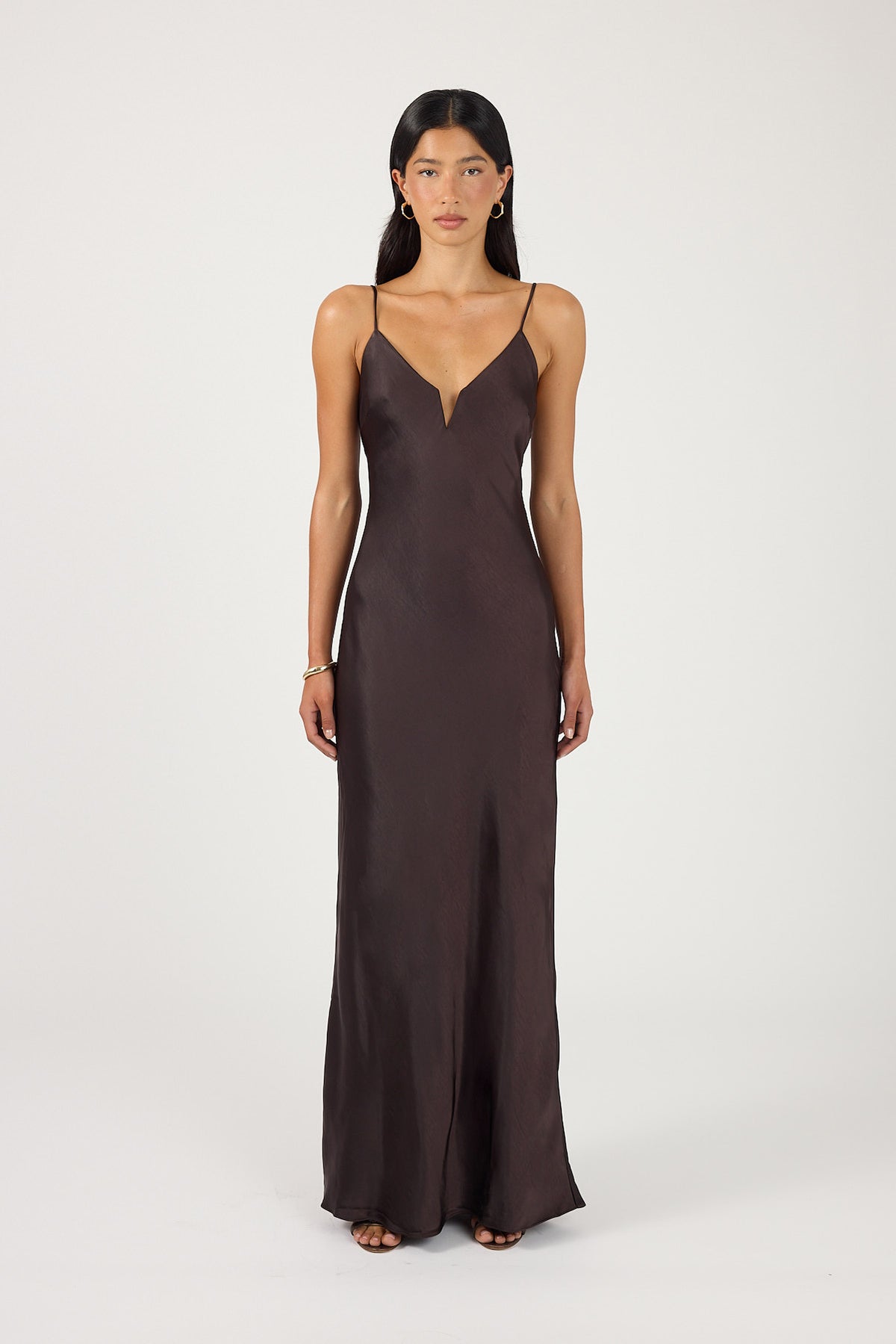 Perfect Stranger Rosealine Satin Maxi Dress Dark Brown