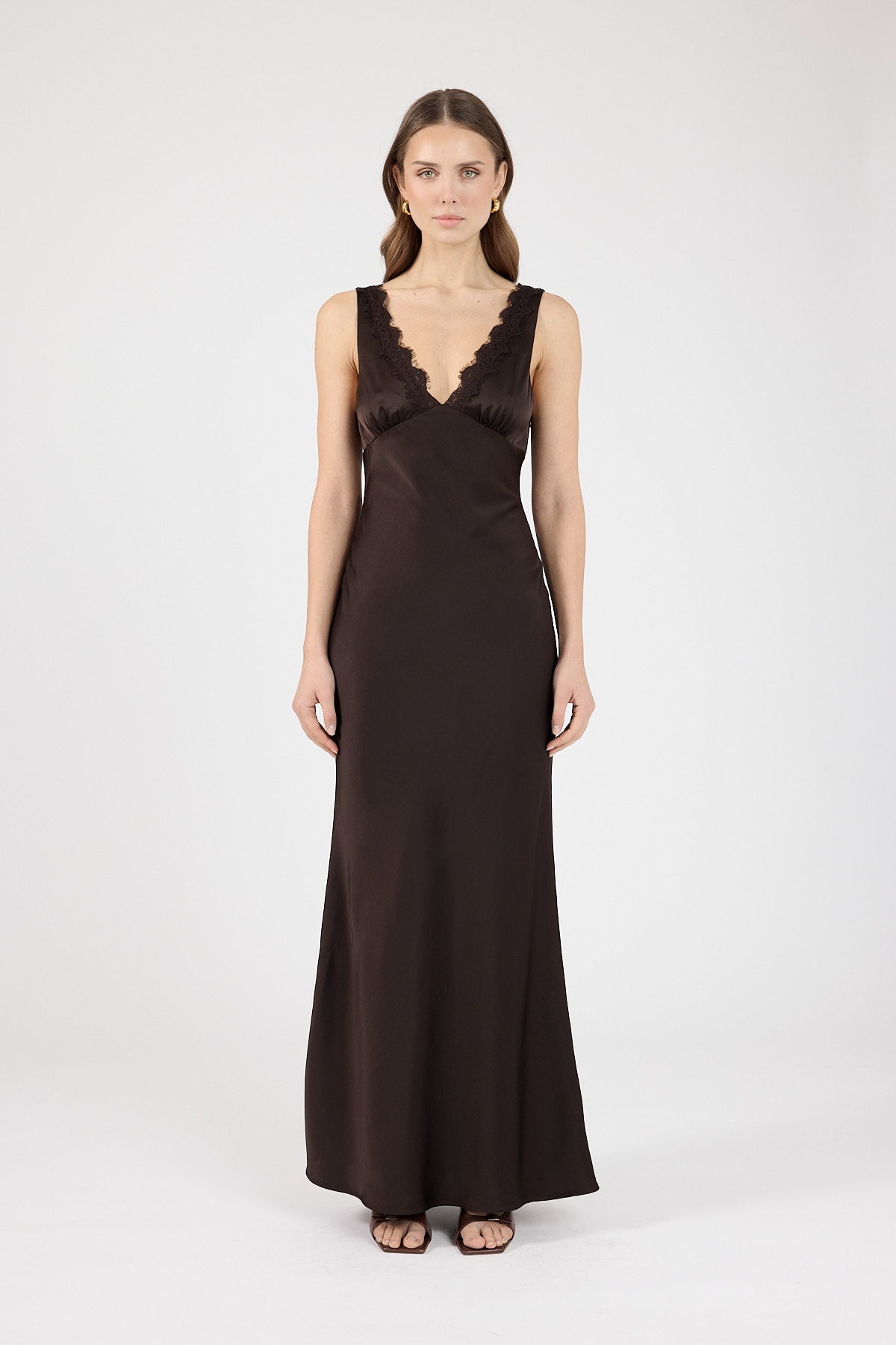 Perfect Stranger Evoke Satin Maxi Dress Brown