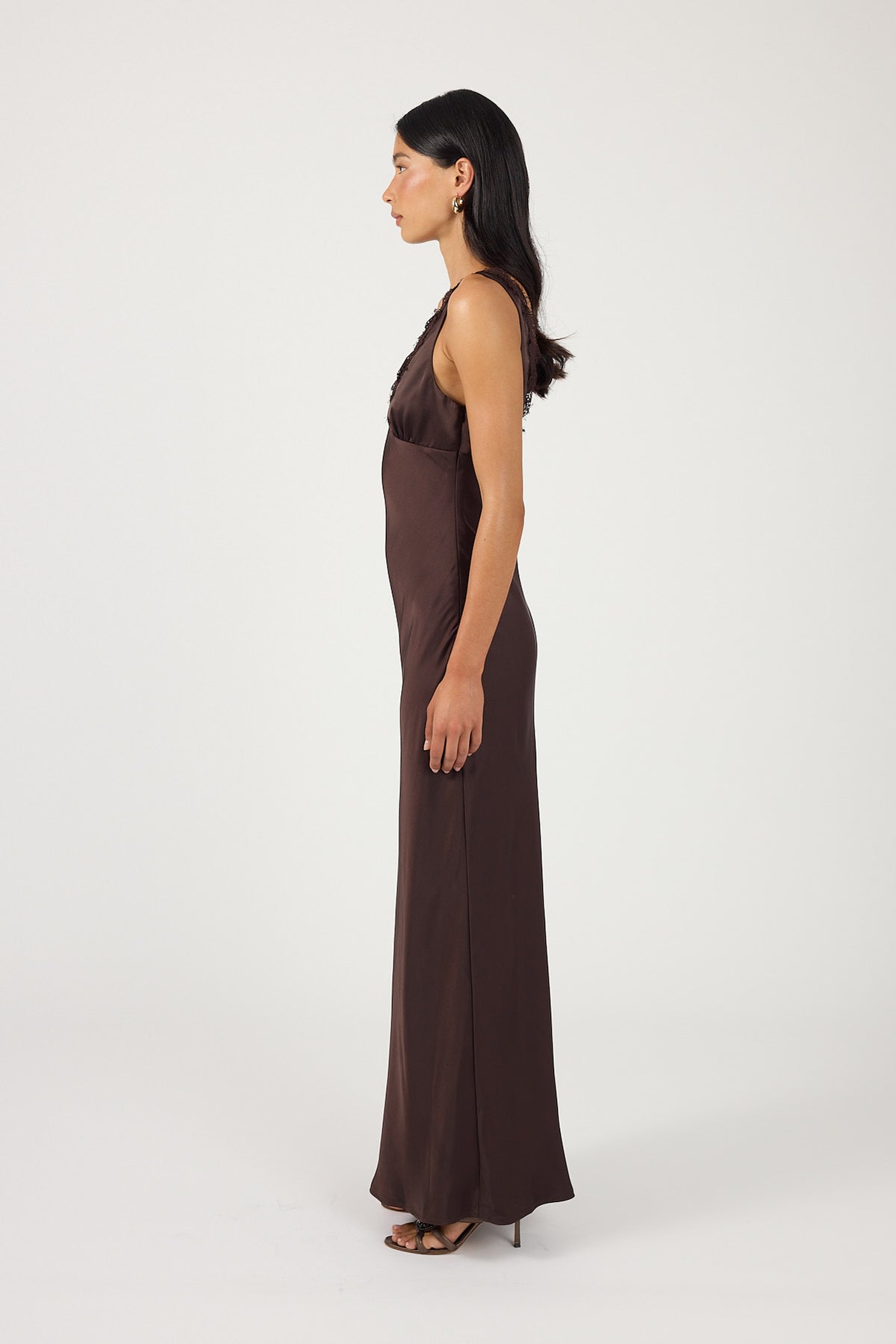 Perfect Stranger Evoke Satin Maxi Dress Brown