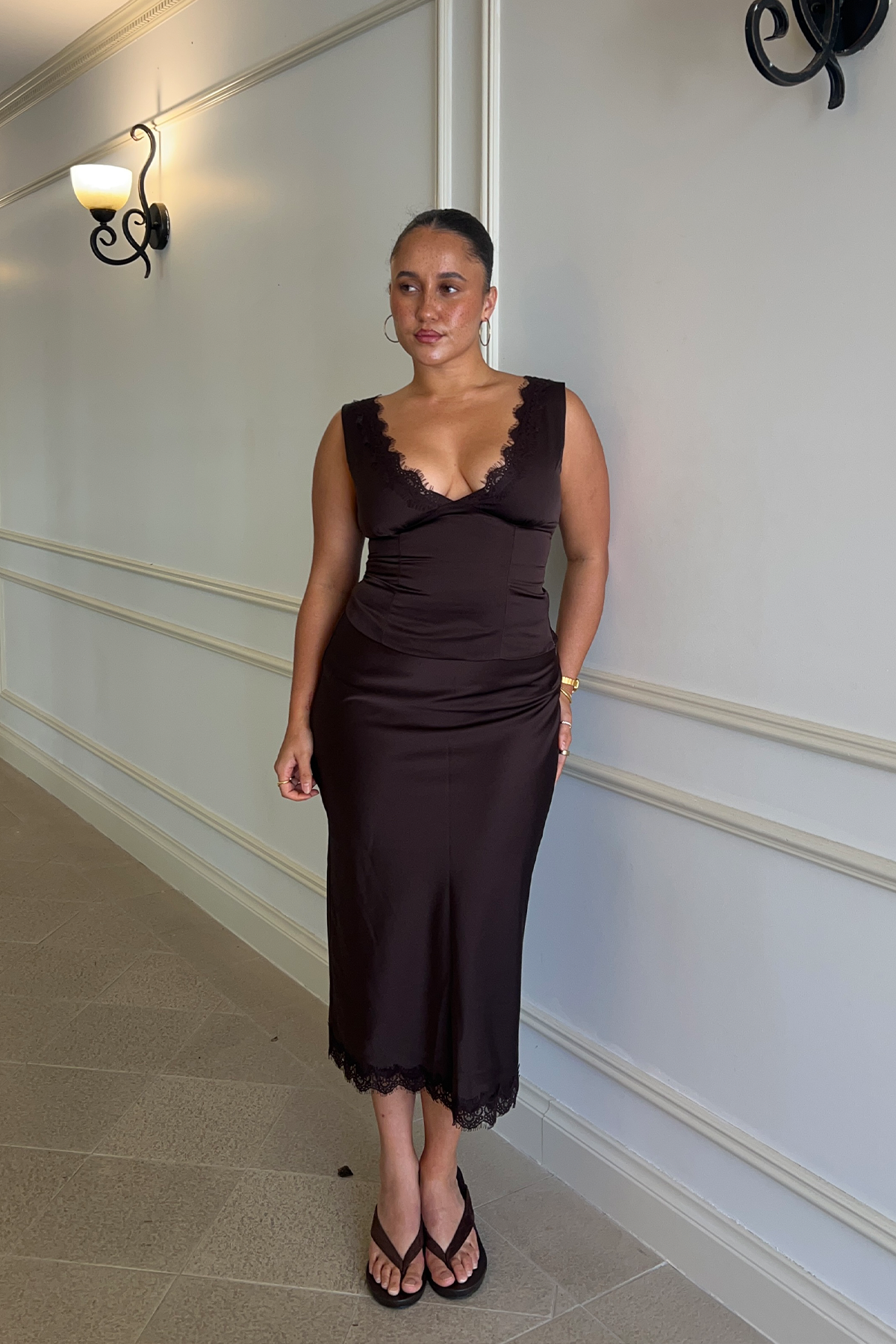 Perfect Stranger Evoke Satin Lace Midi Skirt Brown