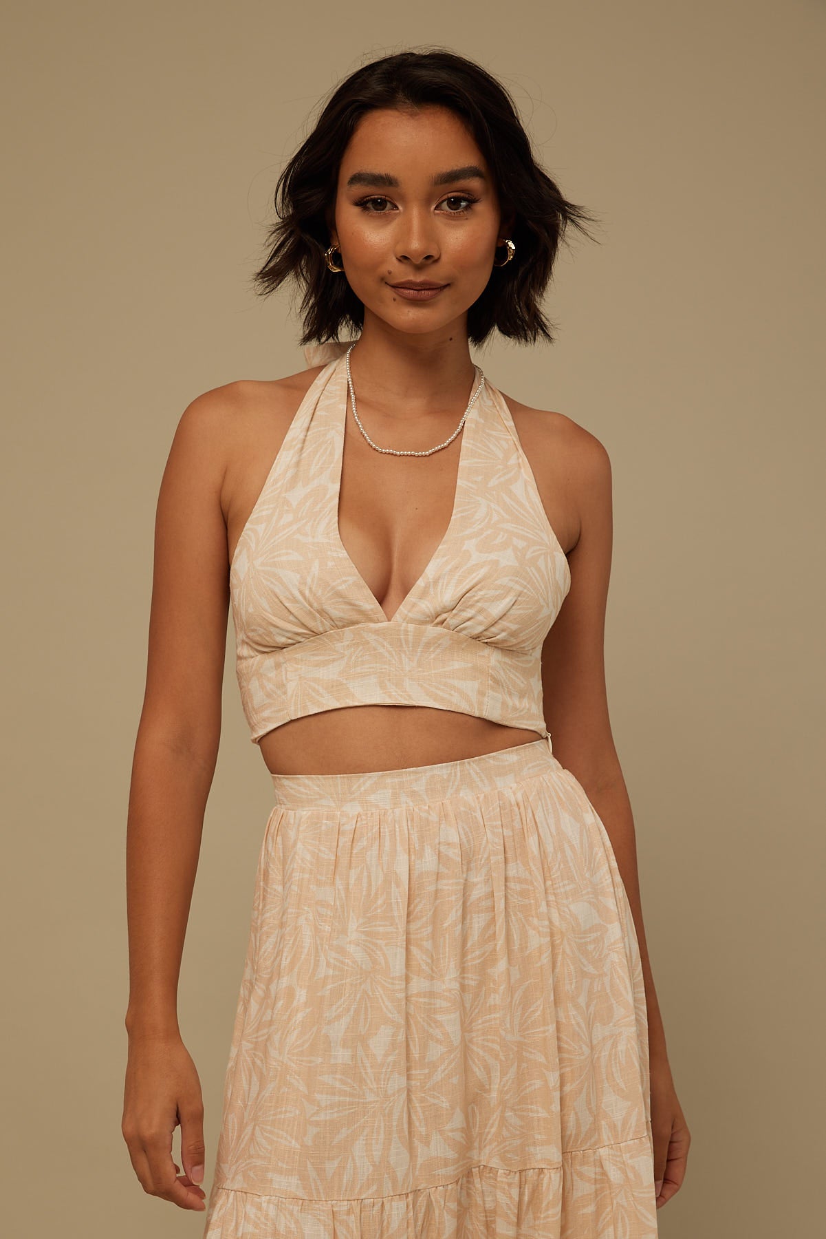Perfect Stranger Palm Breeze Linen Halter Top Cream Print
