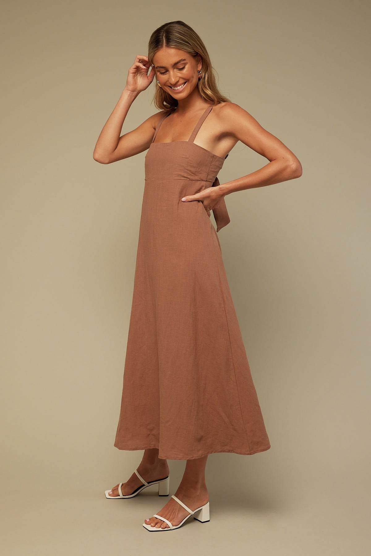 Perfect Stranger Bistro Midi Dress Taupe