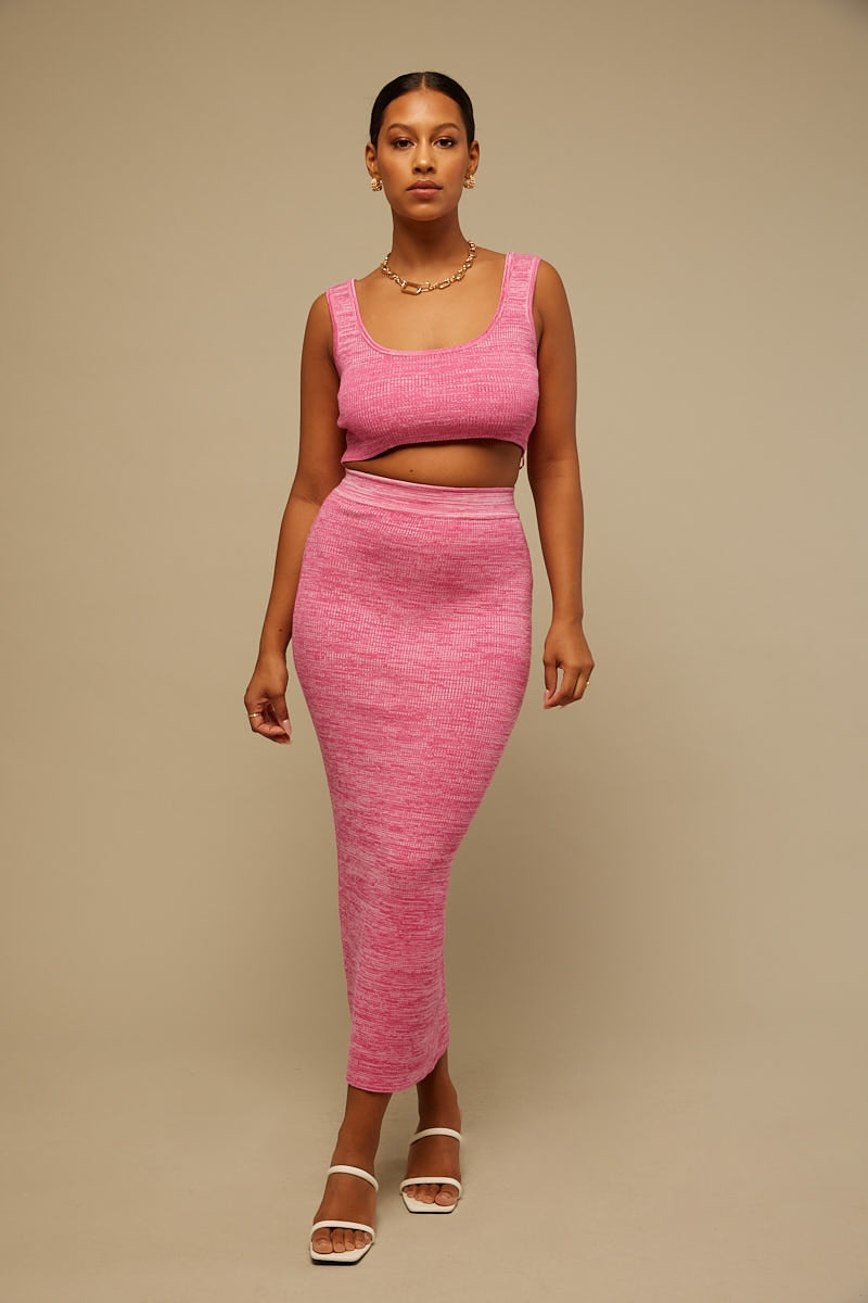 Perfect Stranger Two Tone Knit Midi Skirt Pink
