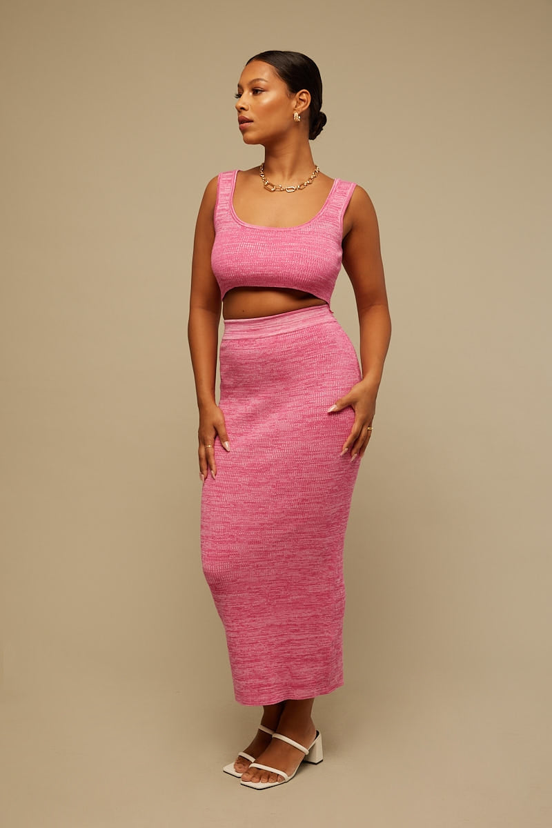 Perfect Stranger Two Tone Knit Midi Skirt Pink