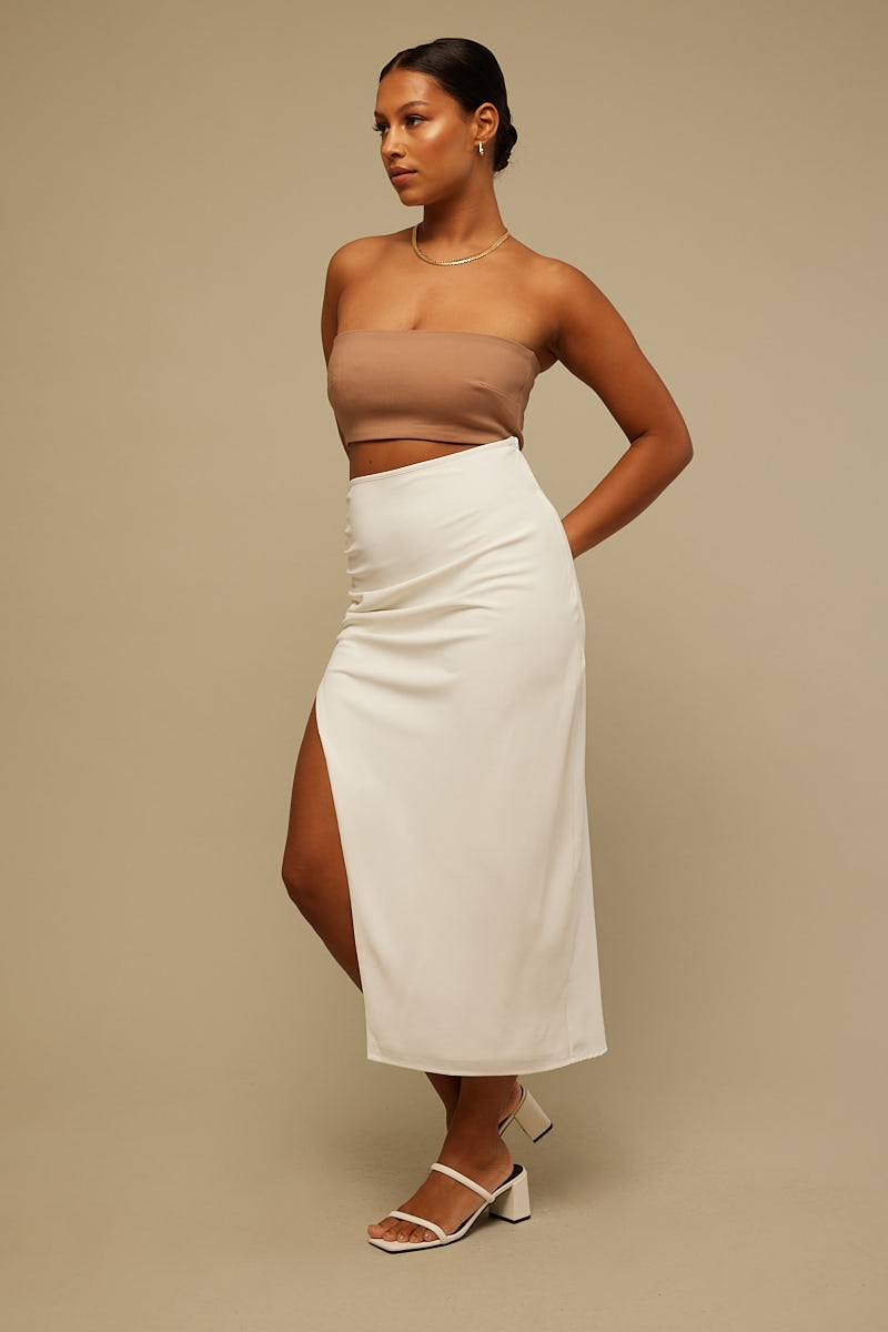 Perfect Stranger Rouched Side Midi Skirt White
