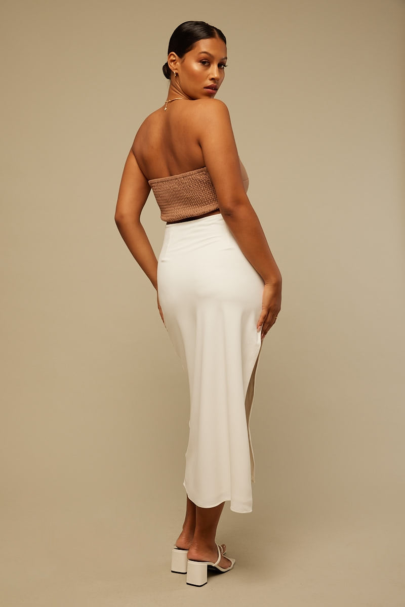 Perfect Stranger Rouched Side Midi Skirt White