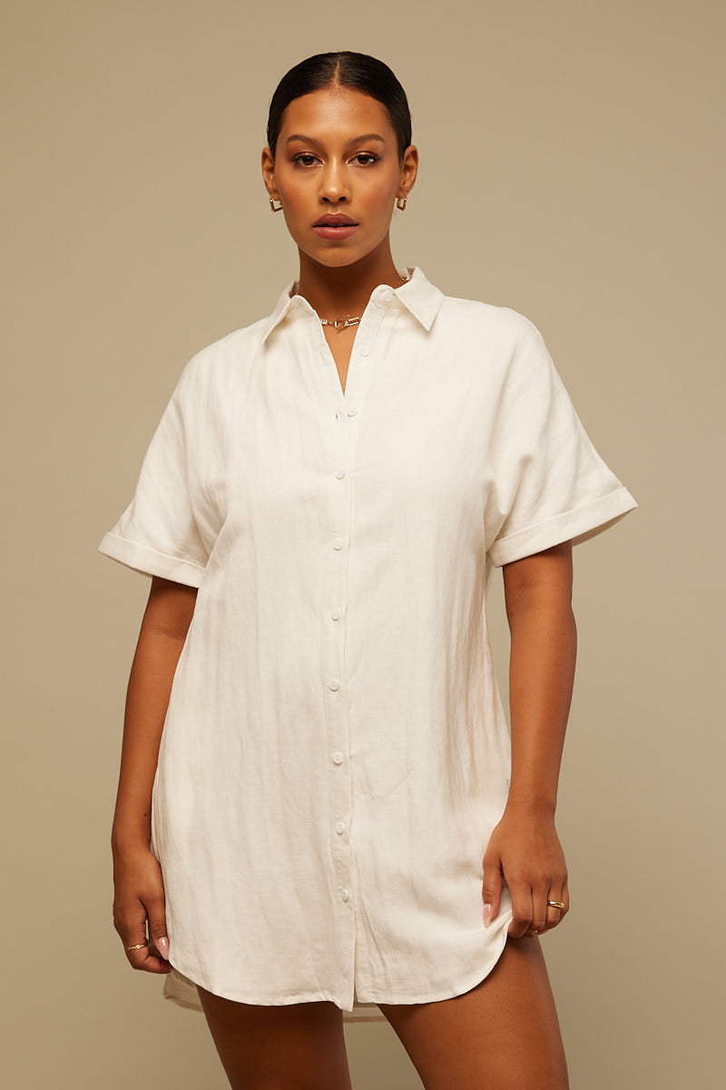 Perfect Stranger Linen Shirt Dress White