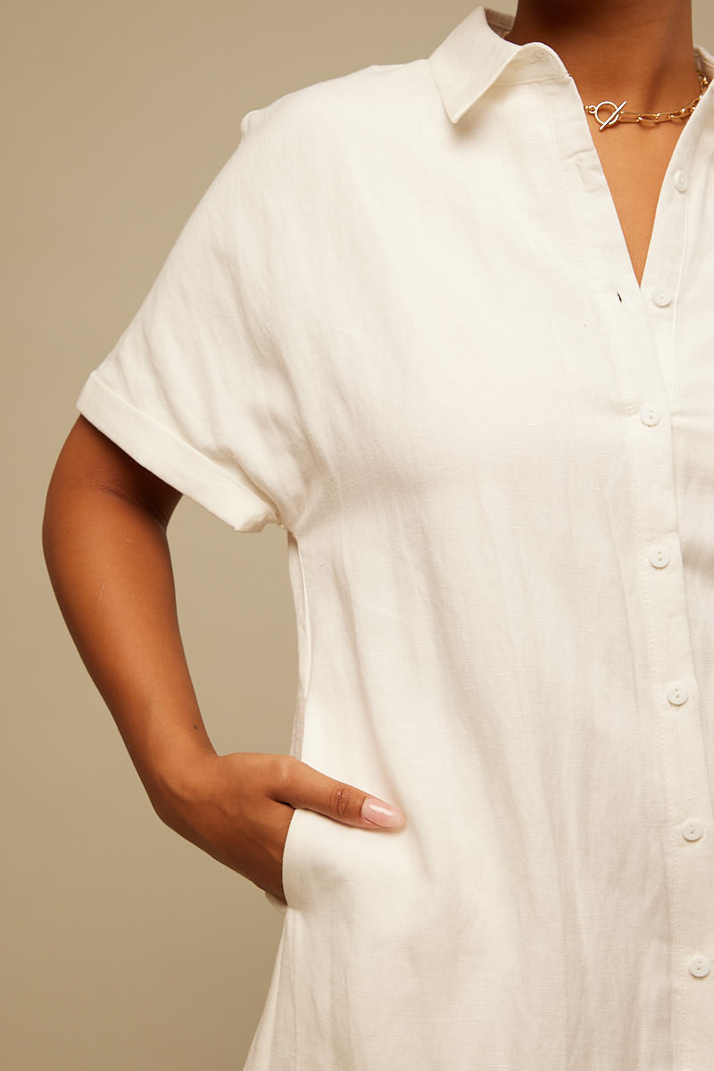 Perfect Stranger Linen Shirt Dress White