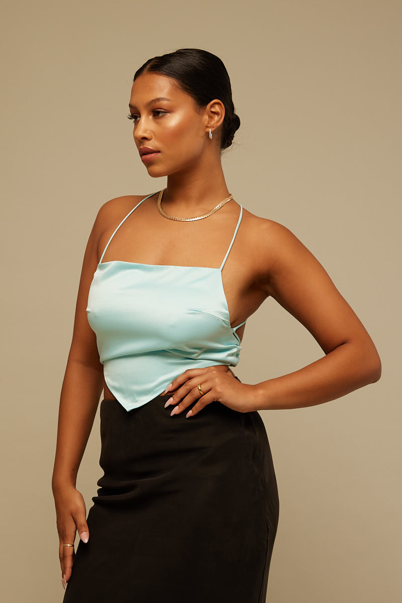 Perfect Stranger Astrid Satin Tie Back Top Blue