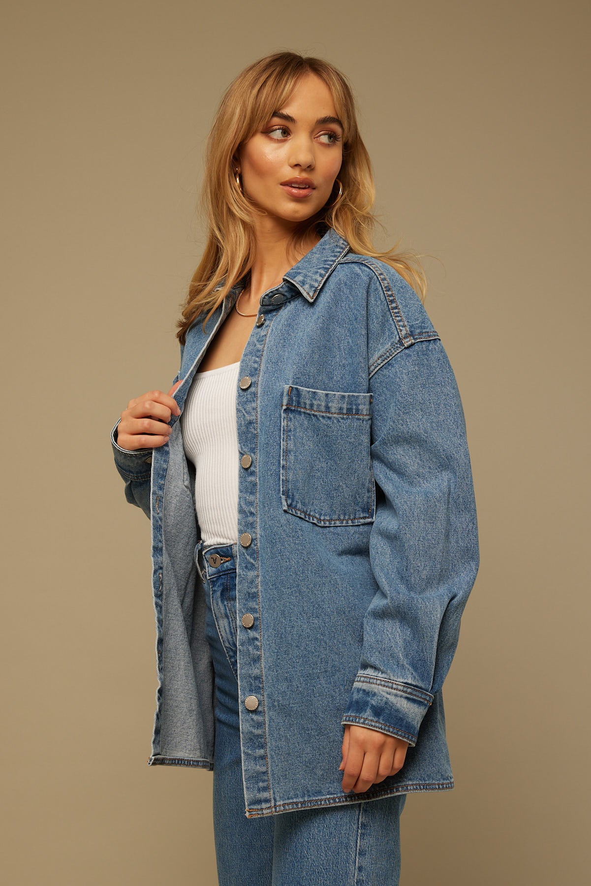 Perfect Stranger On Screen Denim Shacket Mid Blue Wash