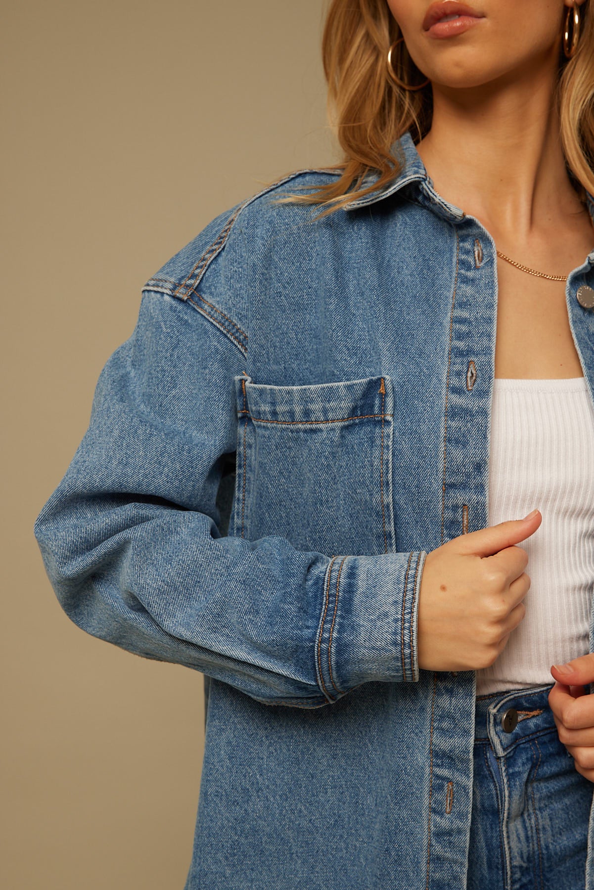 Perfect Stranger On Screen Denim Shacket Mid Blue Wash
