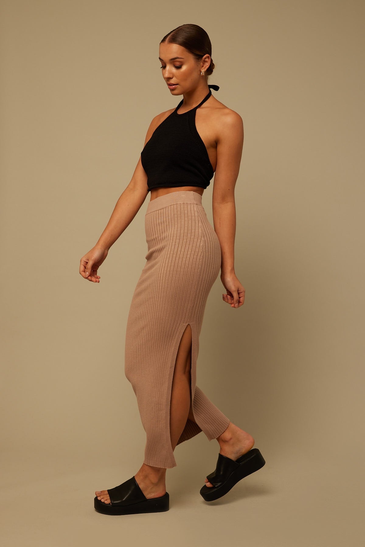 Perfect Stranger Nice Try Knit Midi Skirt Taupe