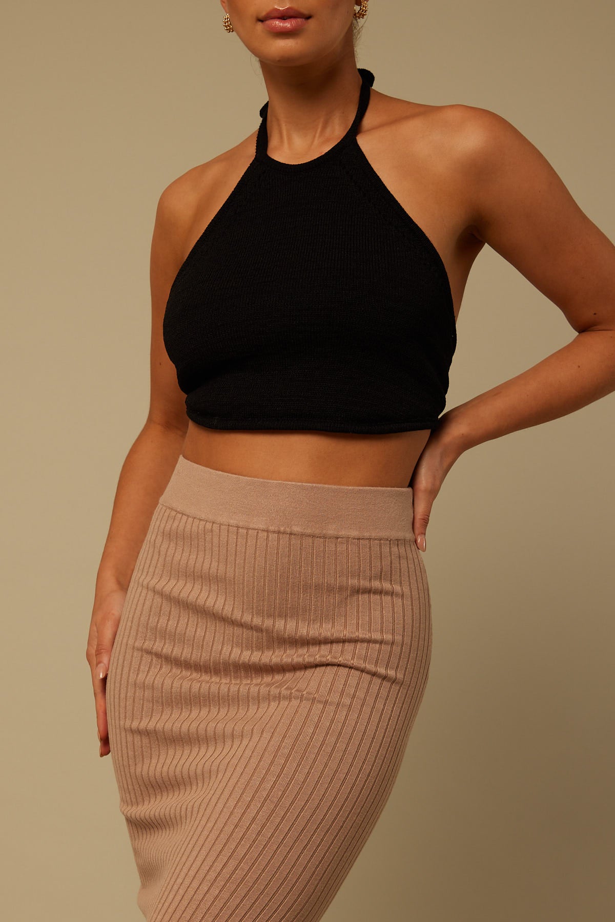 Perfect Stranger Nice Try Knit Midi Skirt Taupe