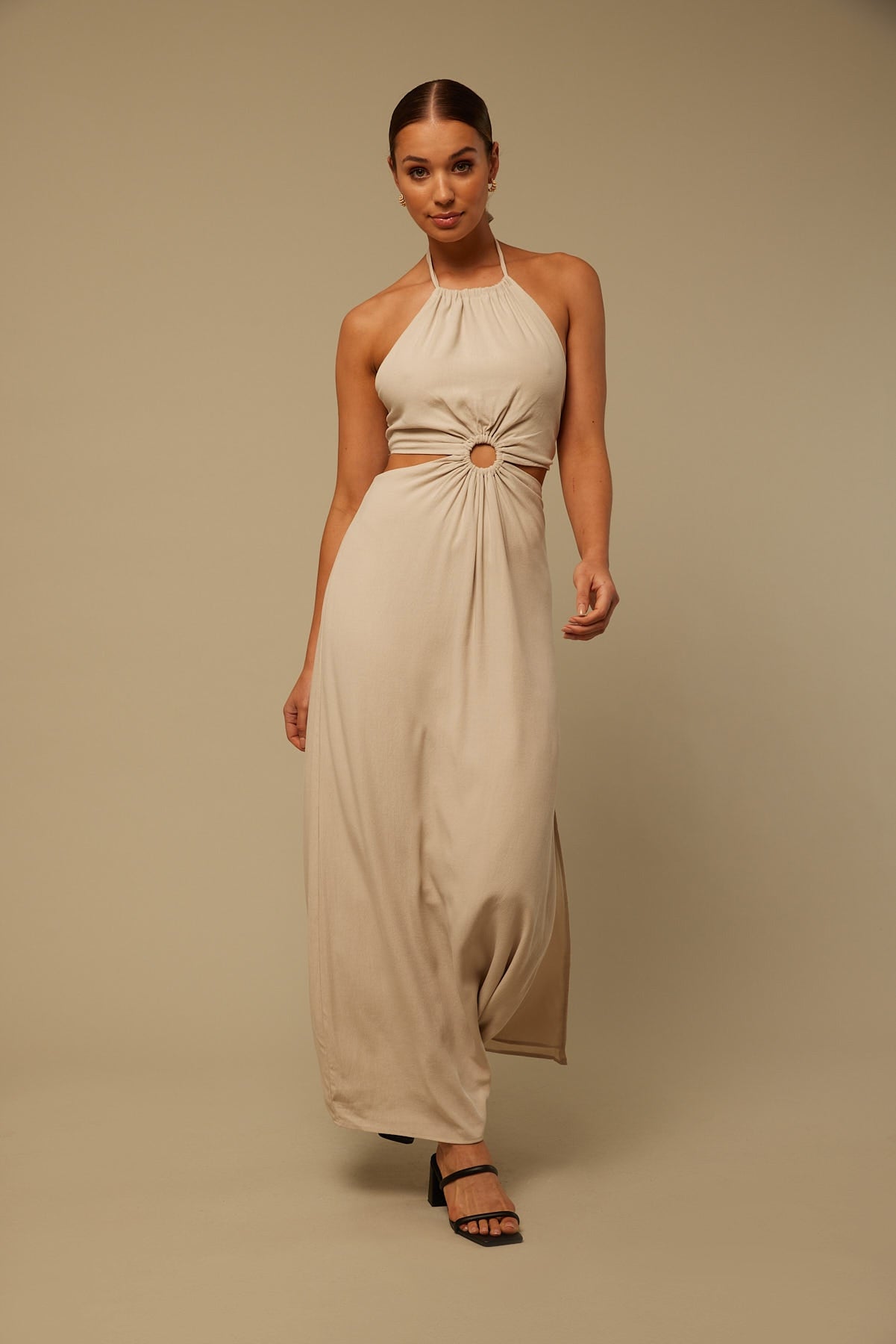 Perfect Stranger O-Ring Halter Midi Dress Stone
