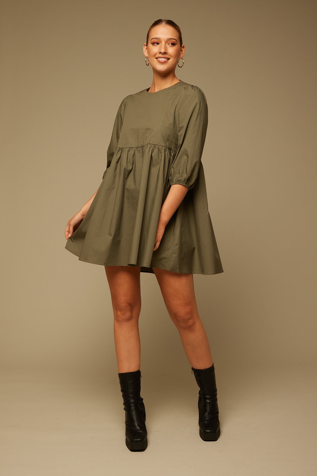 Perfect Stranger Poplin Long Sleeve Mini Dress Khaki