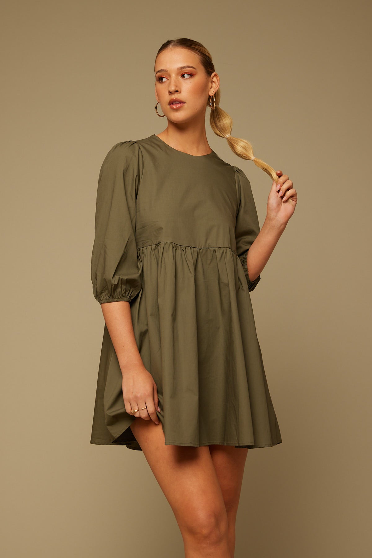 Perfect Stranger Poplin Long Sleeve Mini Dress Khaki