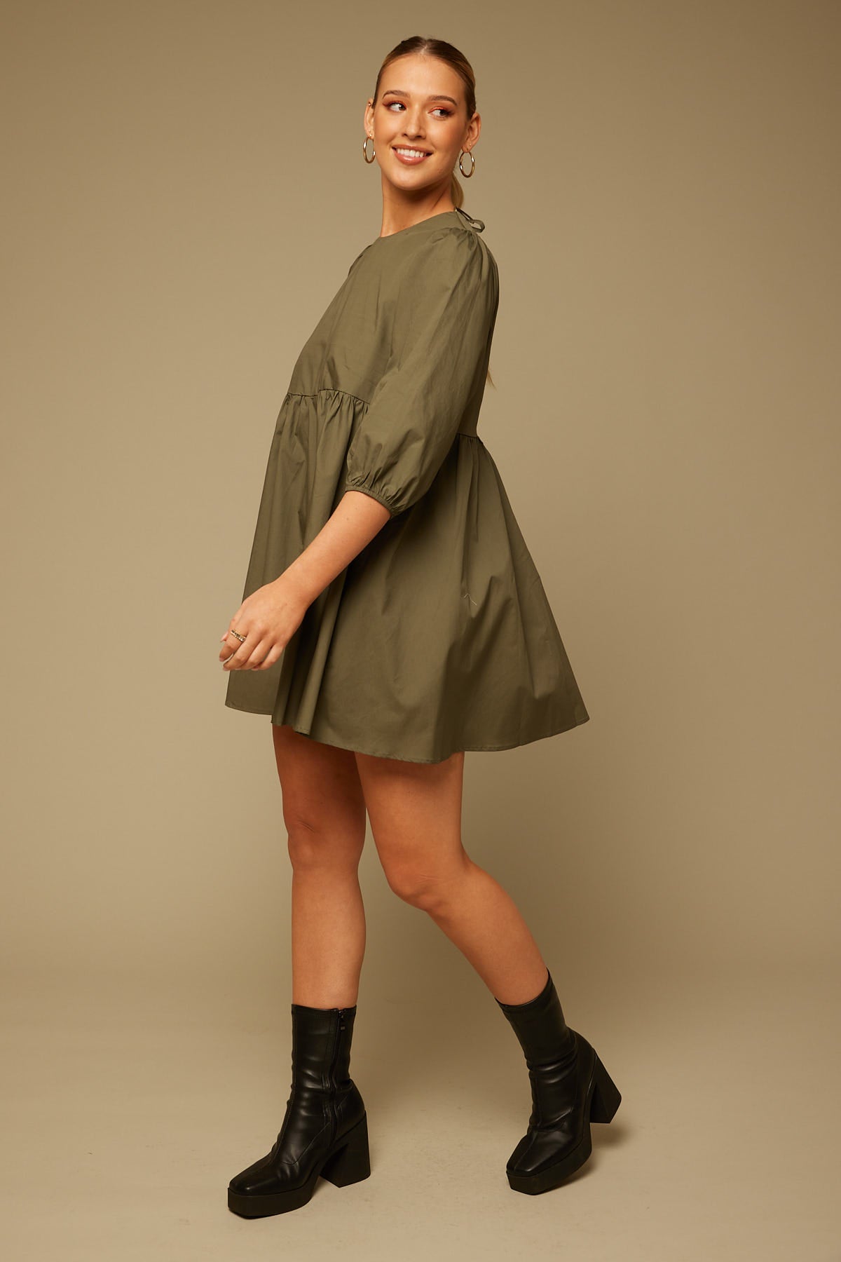 Perfect Stranger Poplin Long Sleeve Mini Dress Khaki
