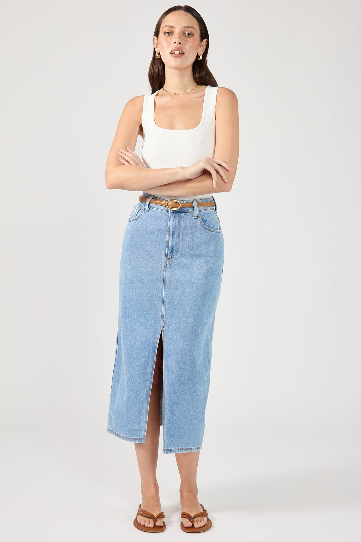 Perfect Stranger High Waist Split Denim Midi Skirt Blue