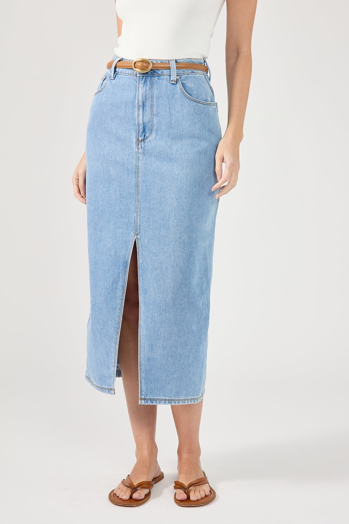 Perfect Stranger High Waist Split Denim Midi Skirt Blue