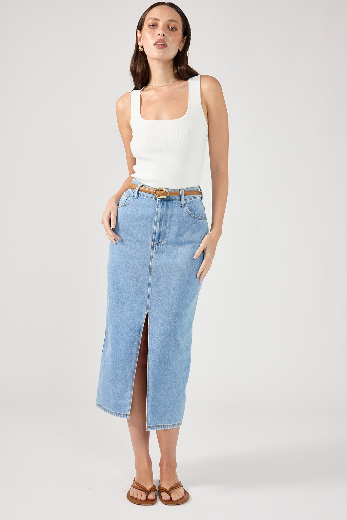 Perfect Stranger High Waist Split Denim Midi Skirt Blue