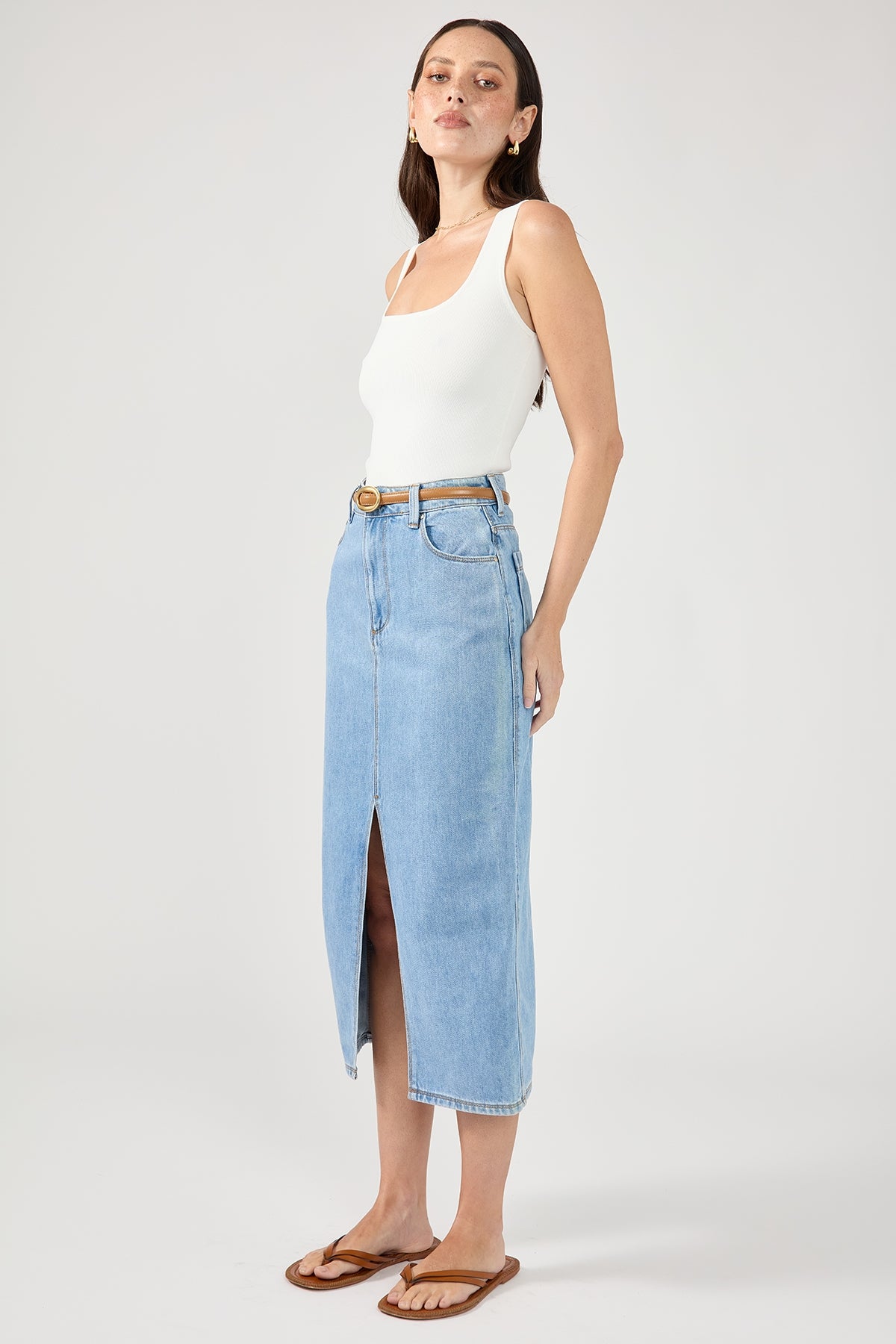 Perfect Stranger High Waist Split Denim Midi Skirt Blue