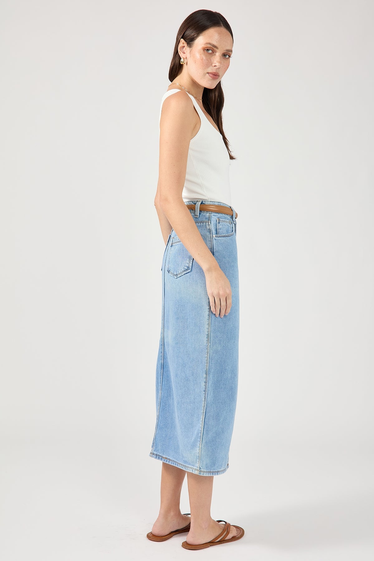 Perfect Stranger High Waist Split Denim Midi Skirt Blue