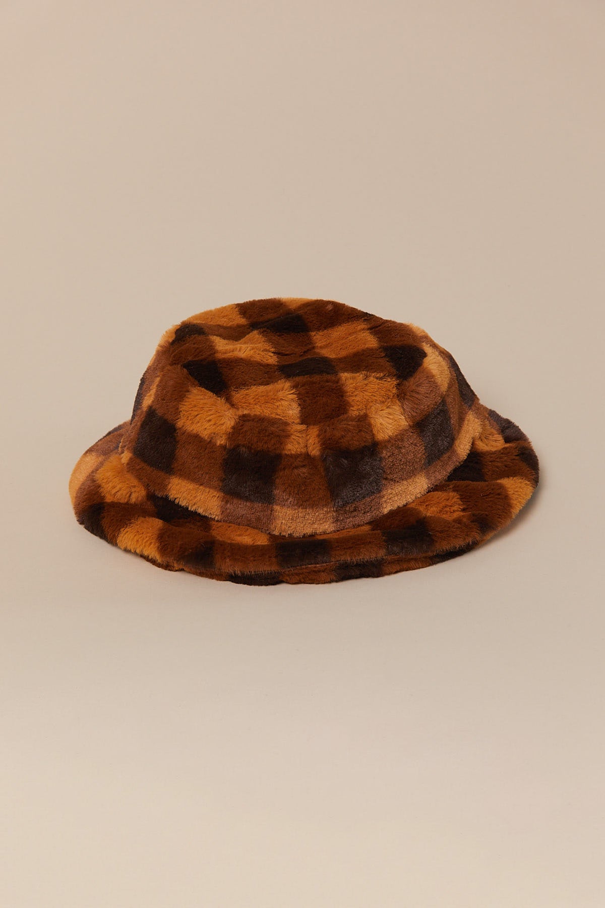 Token Fluffy Check Bucket Hat Brown Check