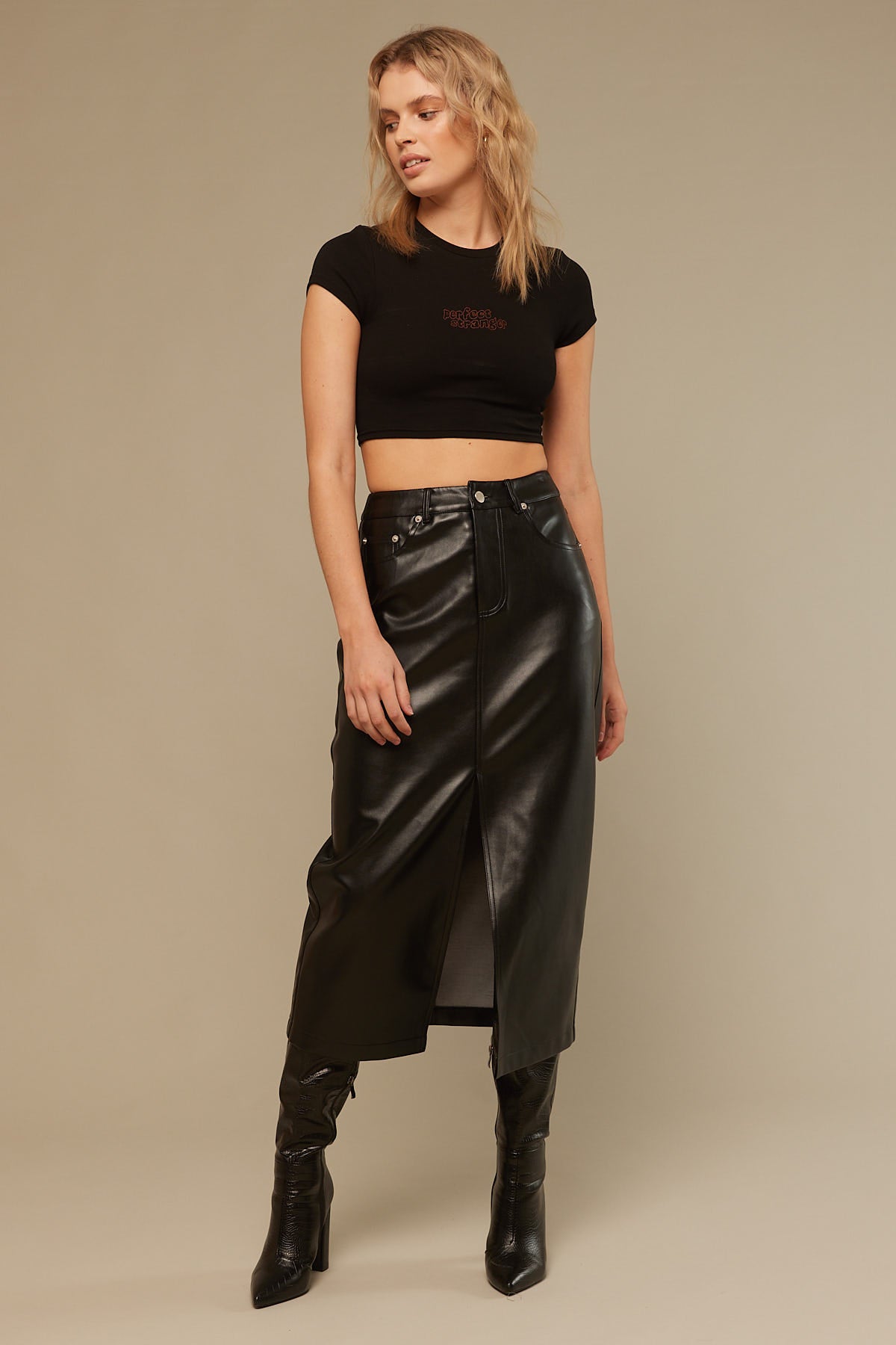 Perfect Stranger PU Midi Skirt Black