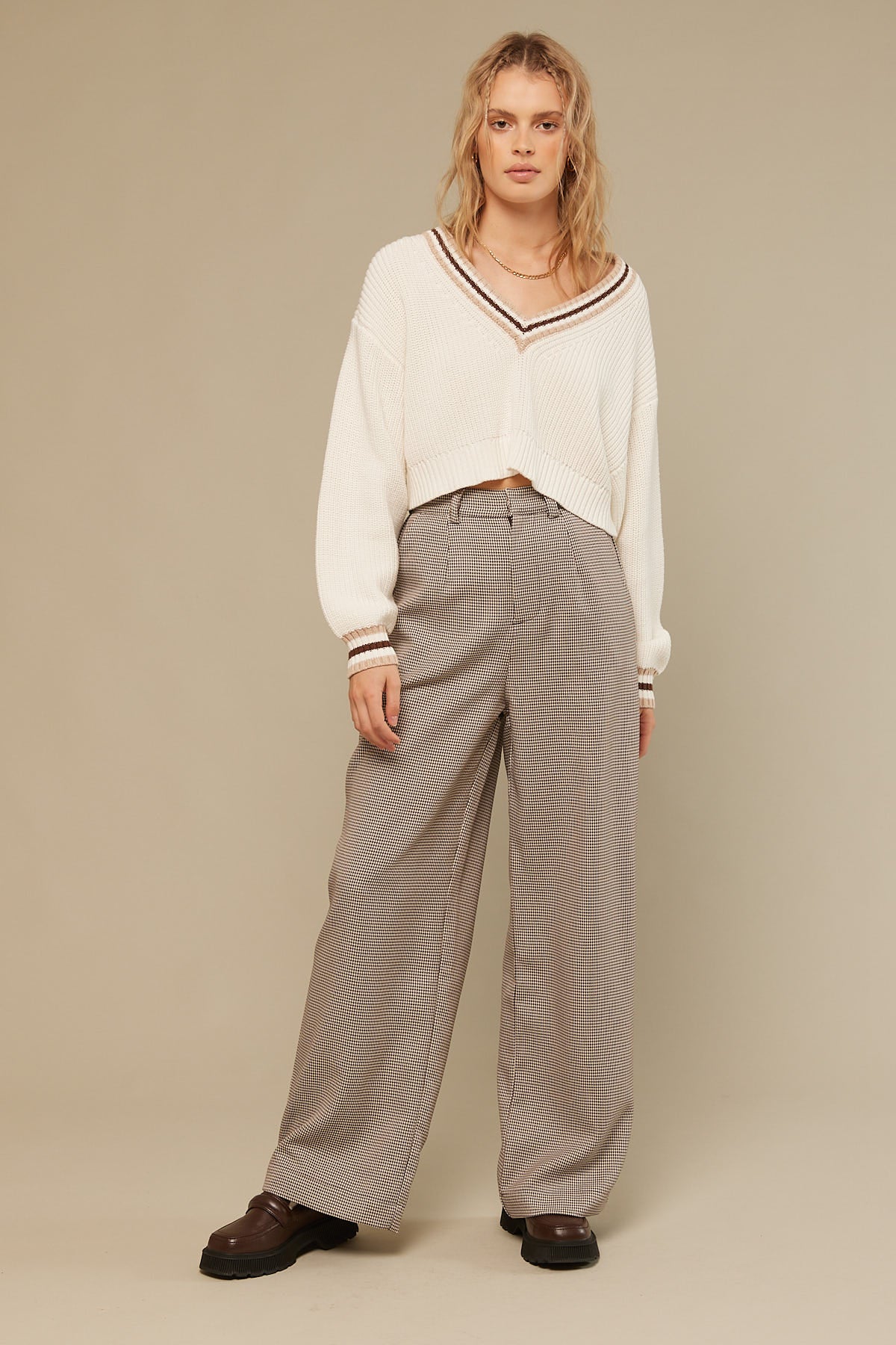 Perfect Stranger Cropped Varsity V-Neck Jumper White
