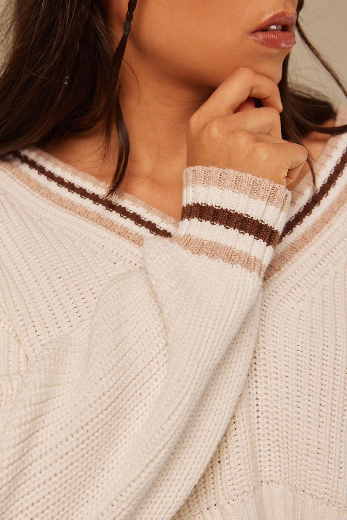 Perfect Stranger Cropped Varsity V-Neck Jumper White
