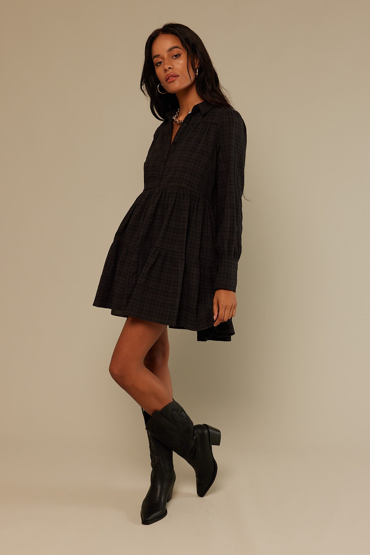 Perfect Stranger Born To Be Tiered Long Sleeve Mini Dress Black Print