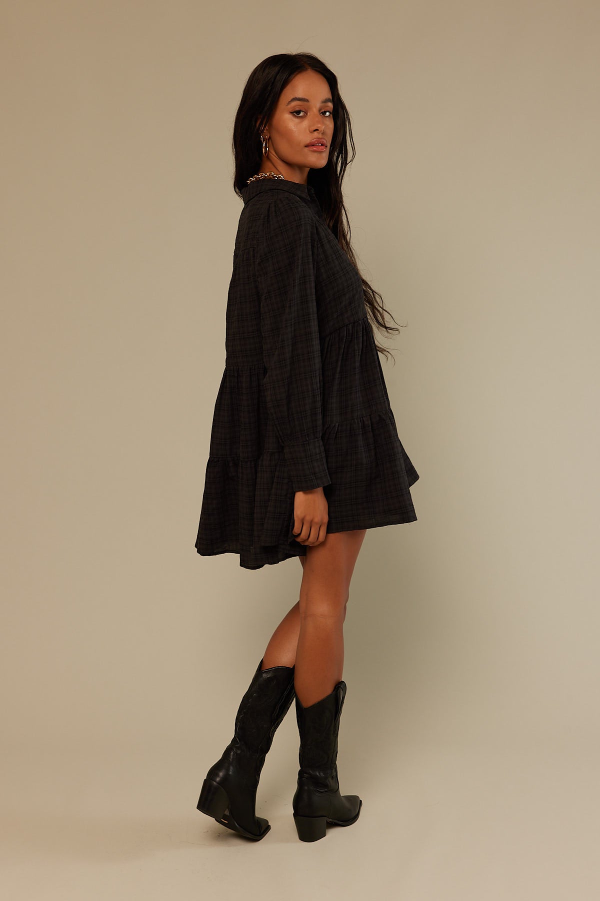 Perfect Stranger Born To Be Tiered Long Sleeve Mini Dress Black Print