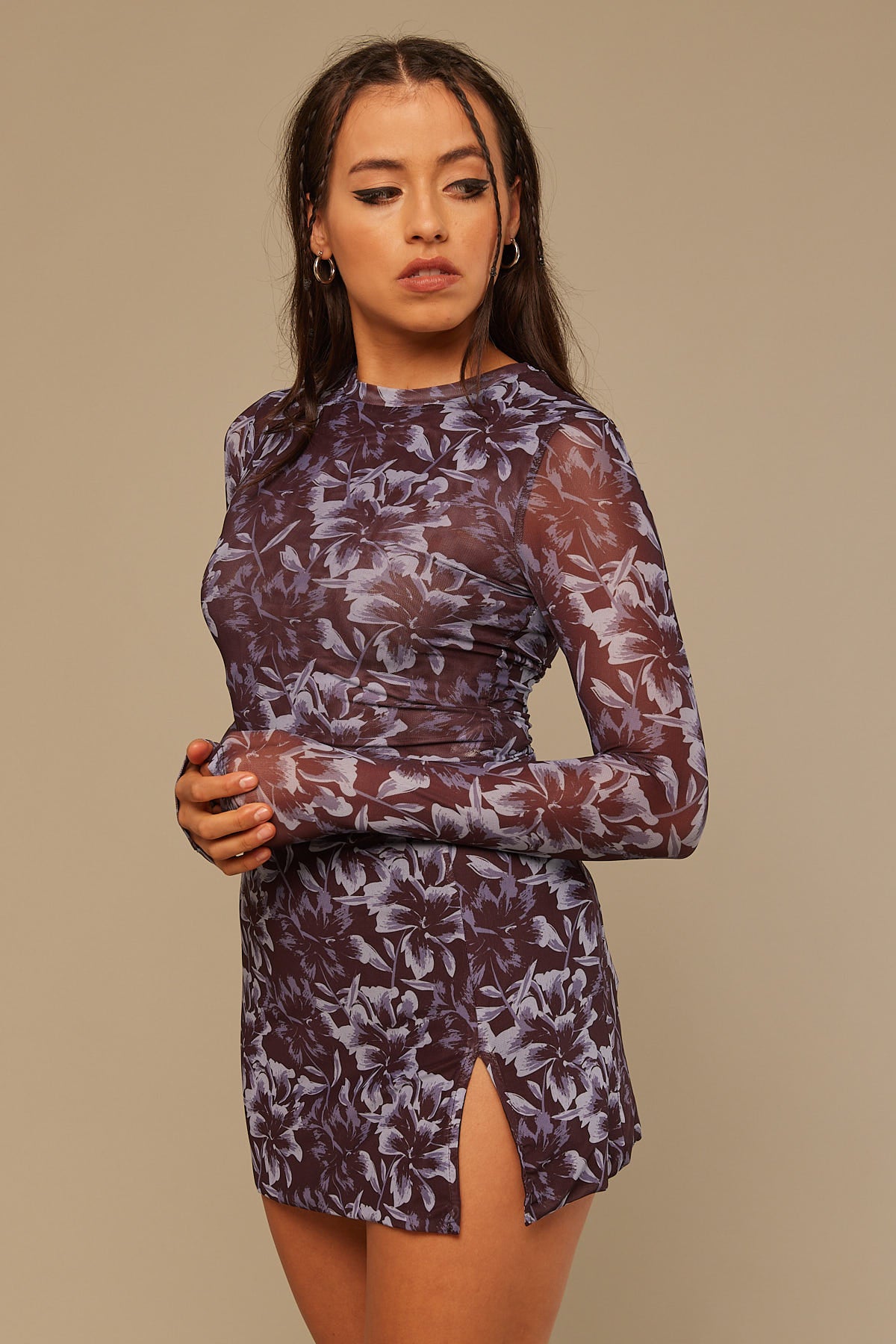 Perfect Stranger Darkest Hour Mesh Long Sleeve Top Brown Print