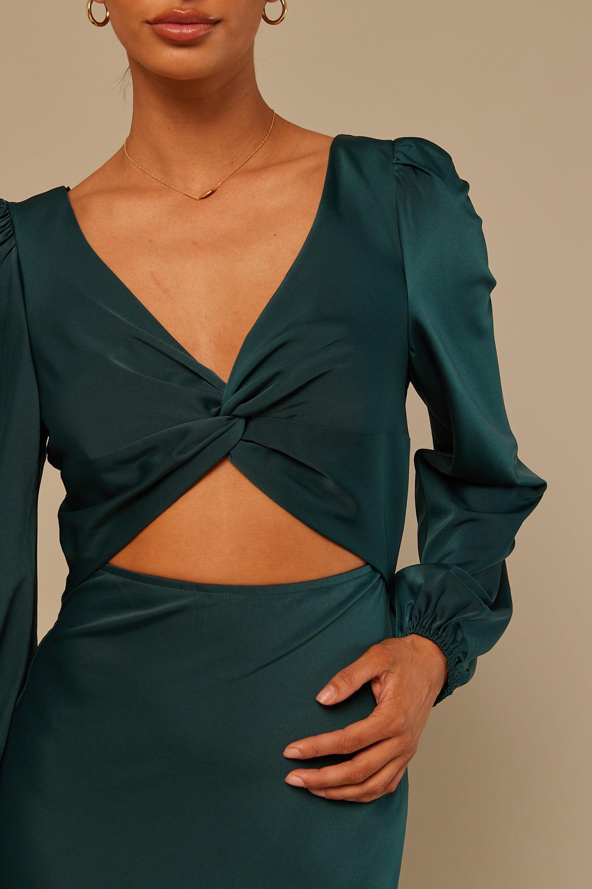 Perfect Stranger Twist Front Long Sleeve Midi Dress Khaki