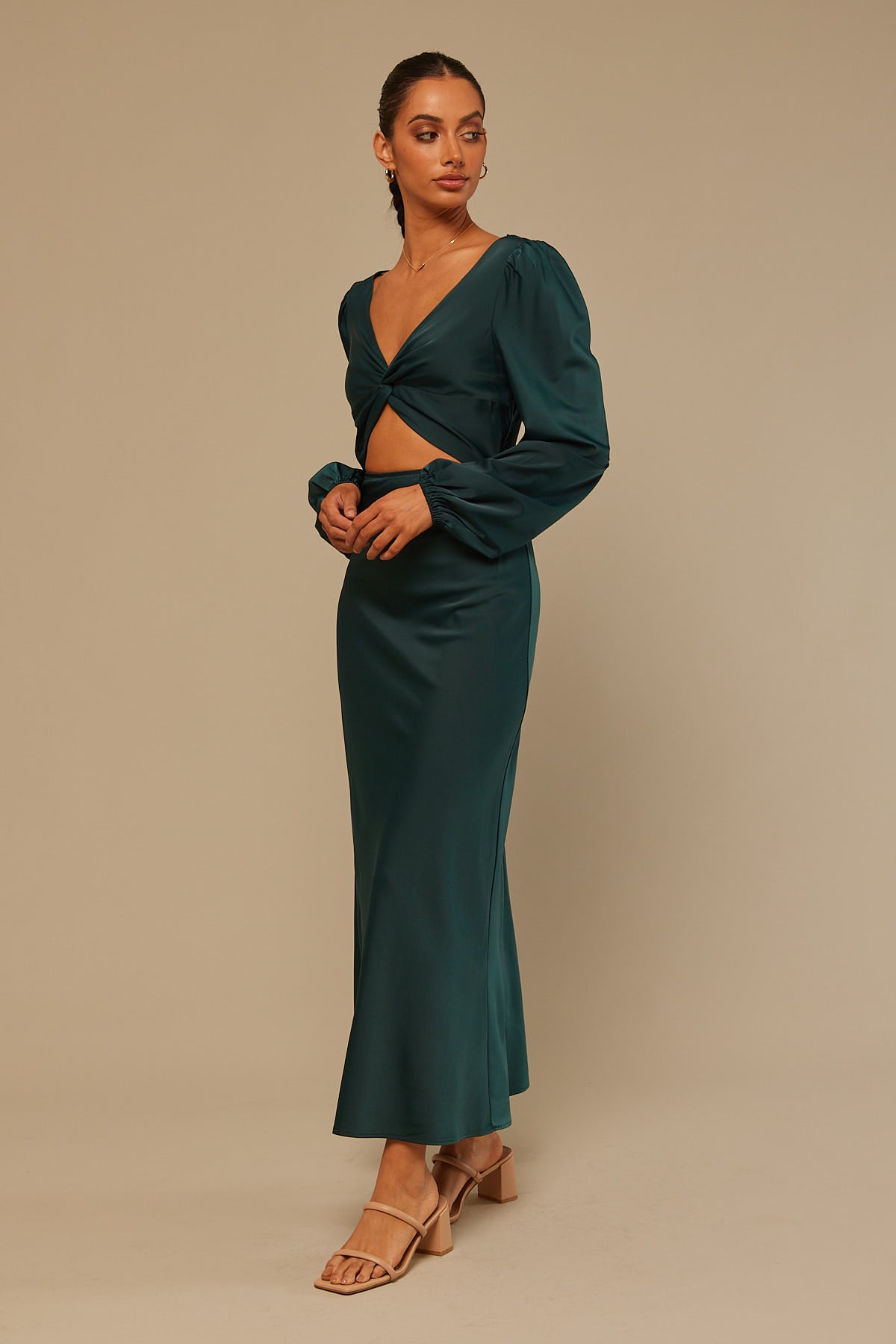 Perfect Stranger Twist Front Long Sleeve Midi Dress Khaki