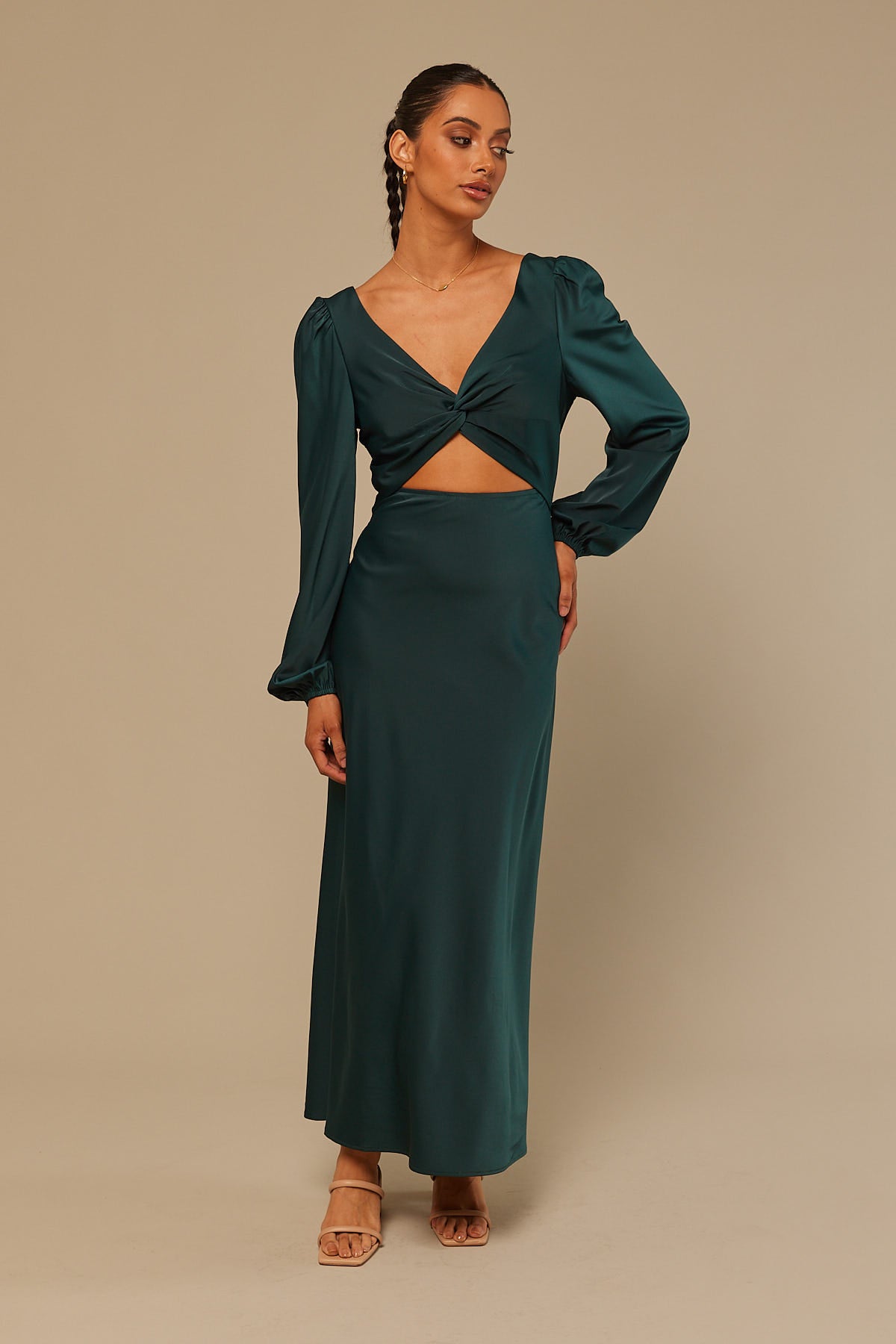 Perfect Stranger Twist Front Long Sleeve Midi Dress Khaki