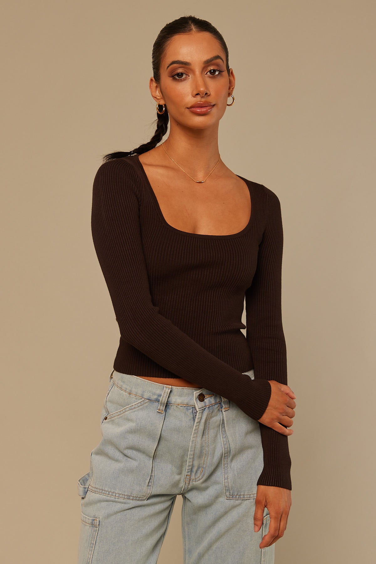 Perfect Stranger Clementine Long Sleeve Knitted Top Brown
