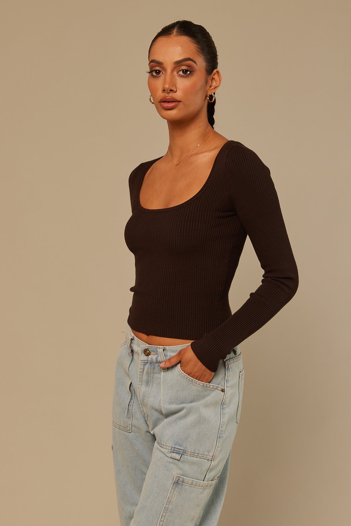 Perfect Stranger Clementine Long Sleeve Knitted Top Brown