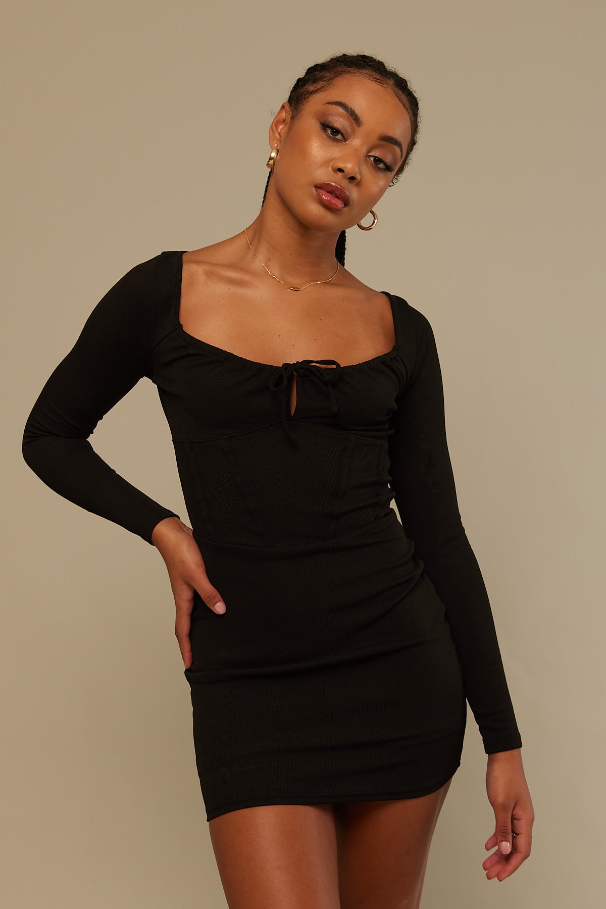 Perfect Stranger Statement Ribbed Mini Dress Black