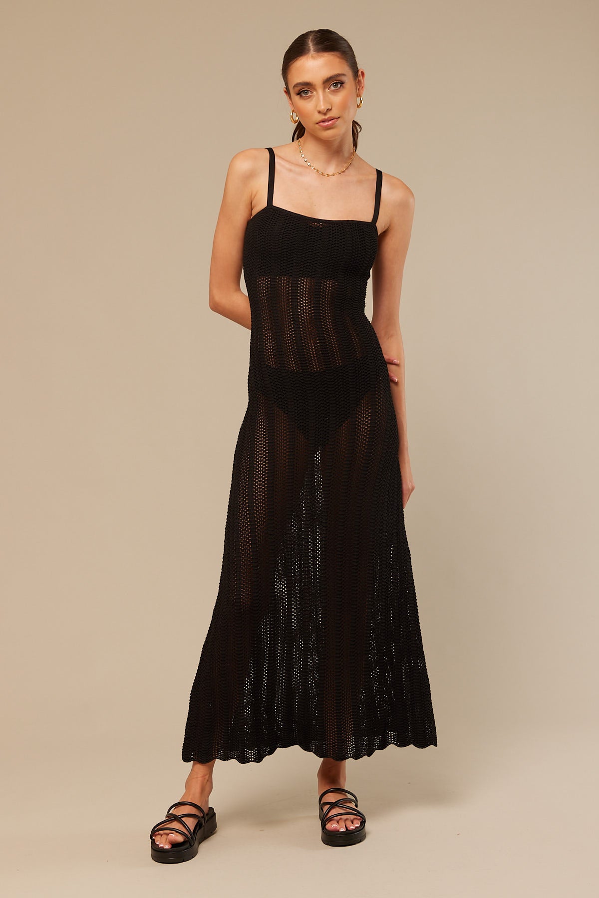 Perfect Stranger Crochet Knit Maxi Dress Black