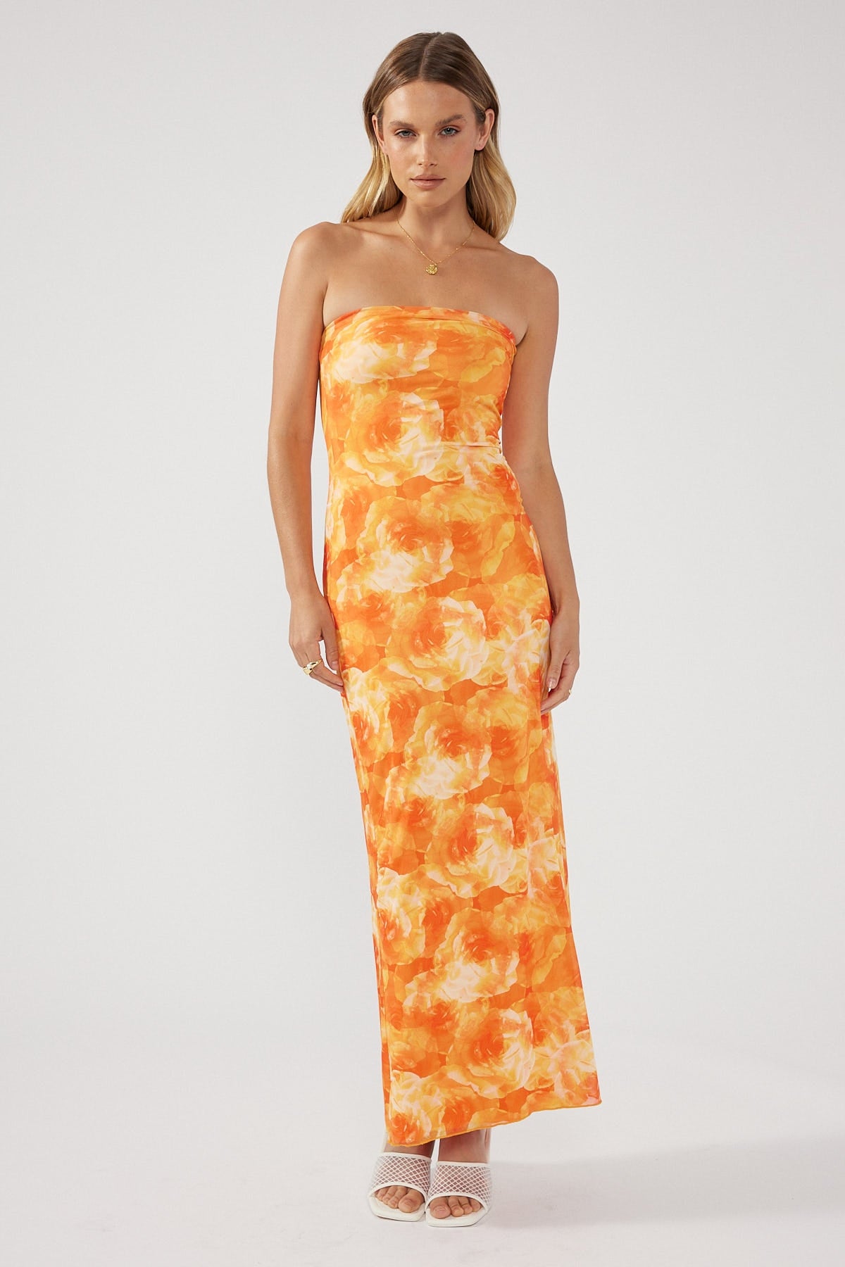 Perfect Stranger Mandarine Moments Strapless Midi Dress Orange Print