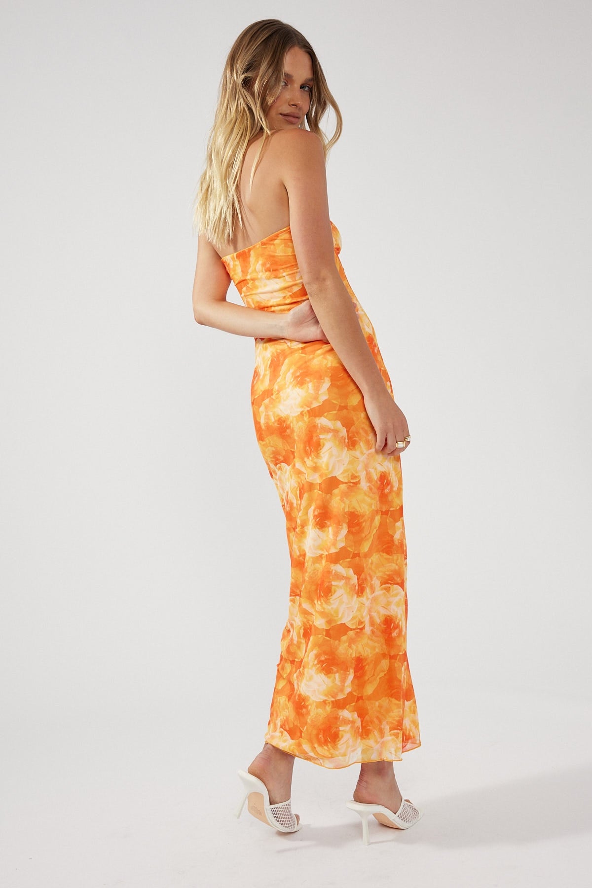 Perfect Stranger Mandarine Moments Strapless Midi Dress Orange Print
