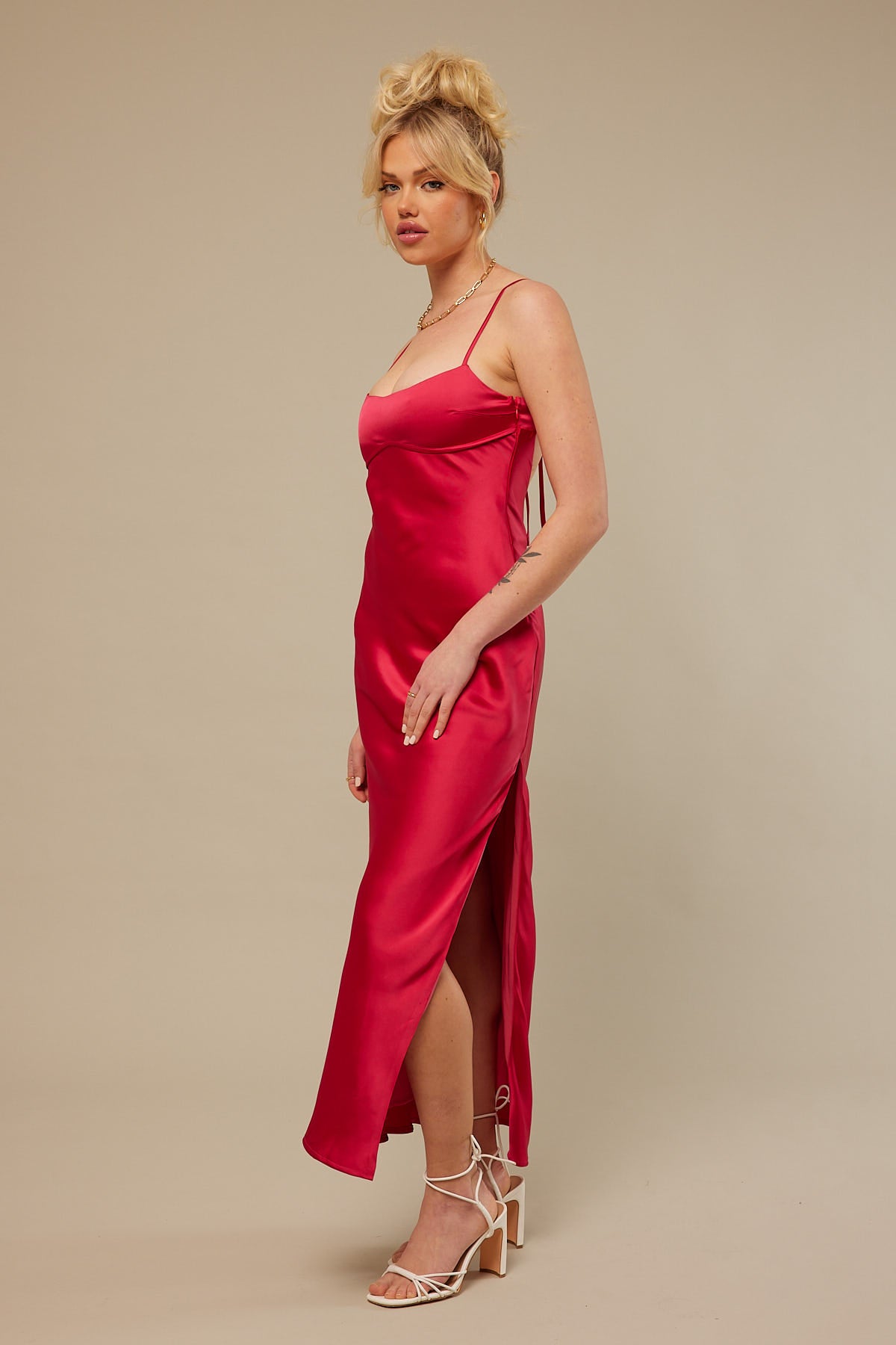 Perfect Stranger Siren Satin Midi Dress Red