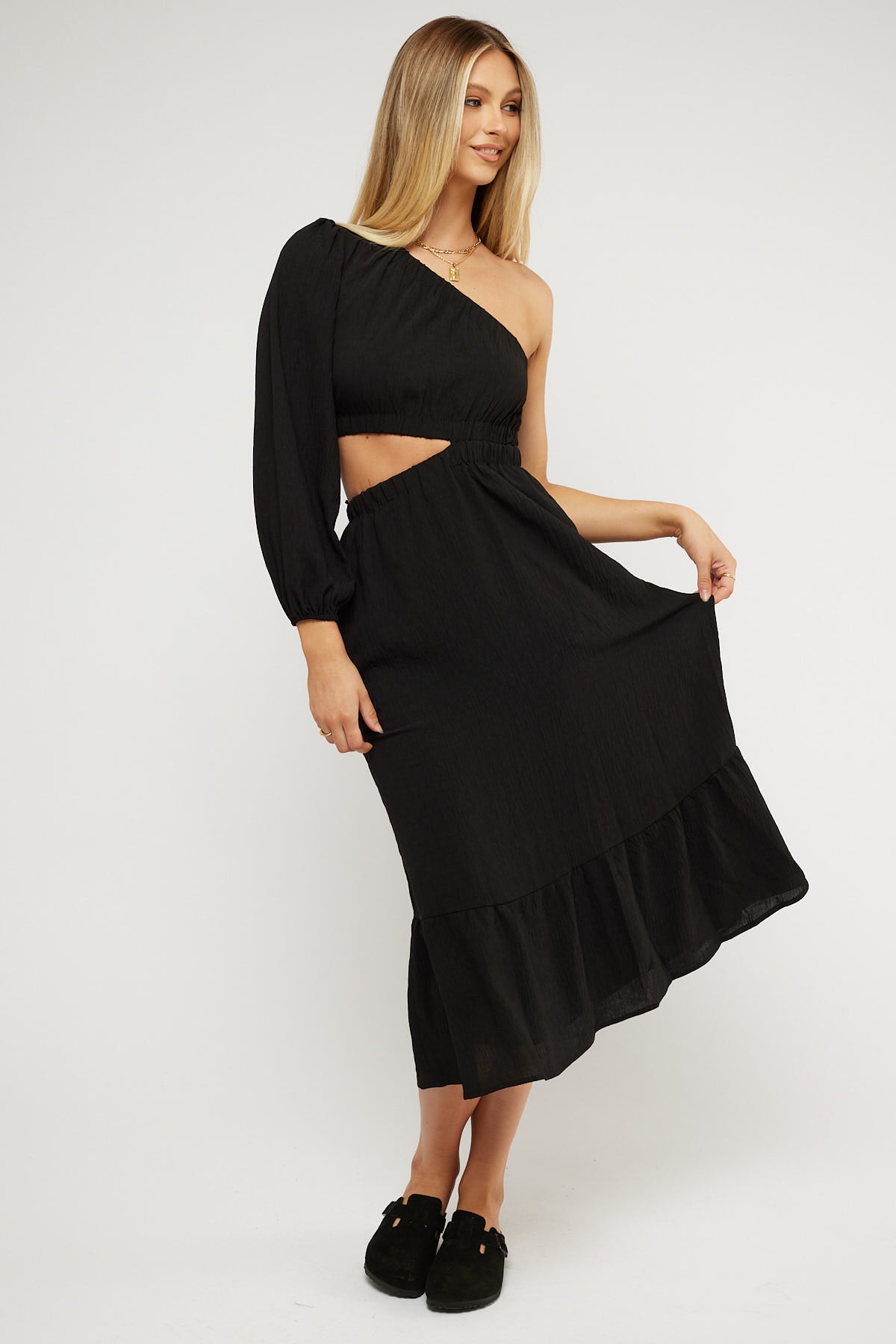 Perfect Stranger Bella One Shoulder Midi Dress Black