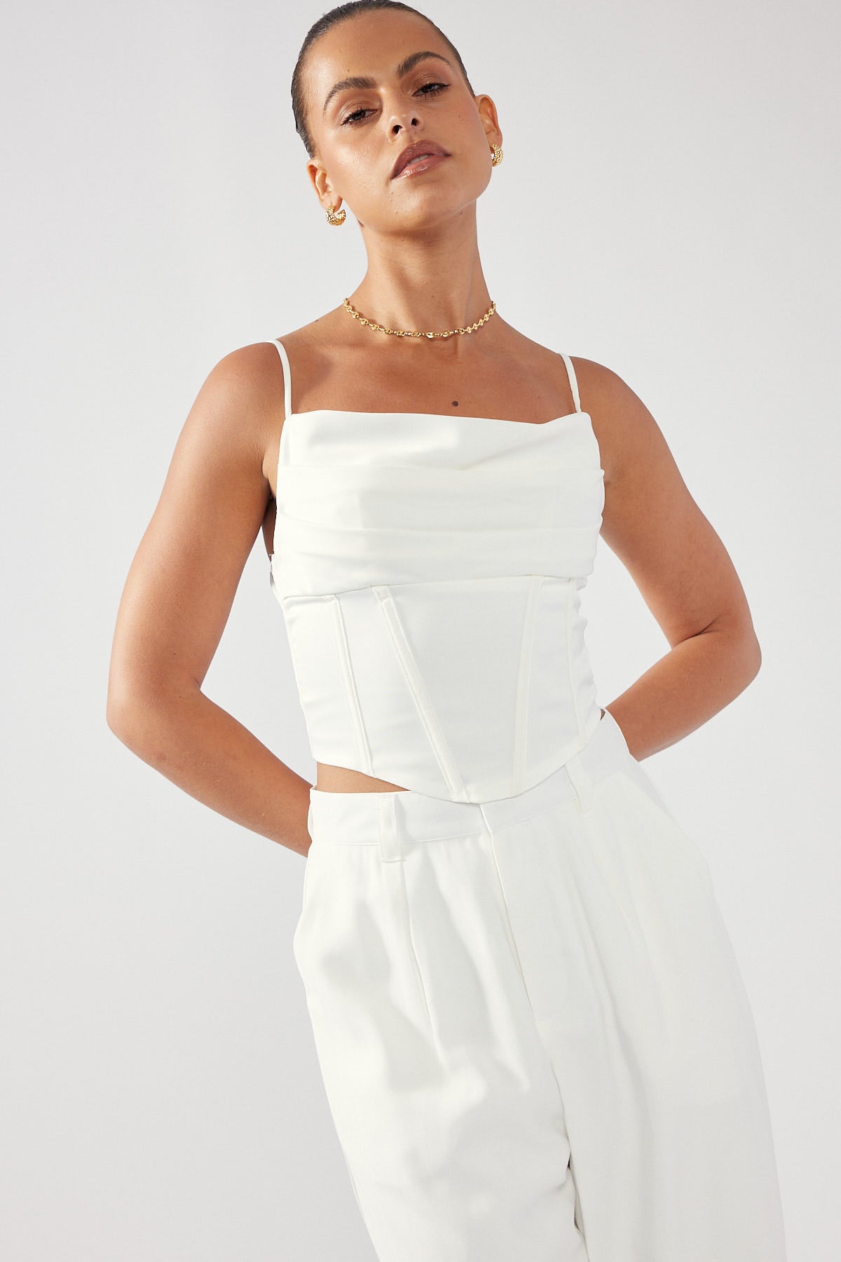 Perfect Stranger Cowl Neck Corset Top White