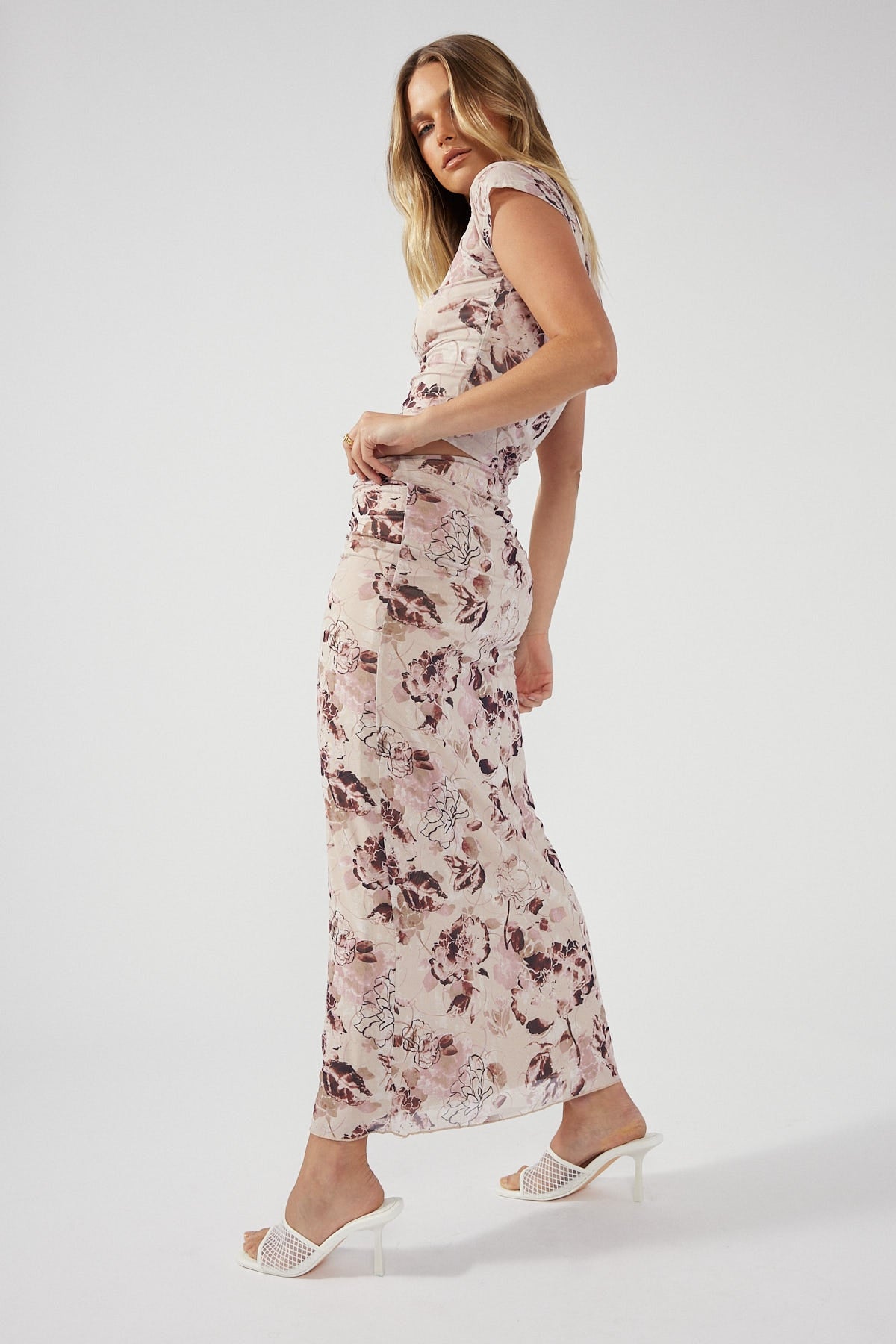 Perfect Stranger Heavenly Floral Mesh Maxi Skirt Nude Print