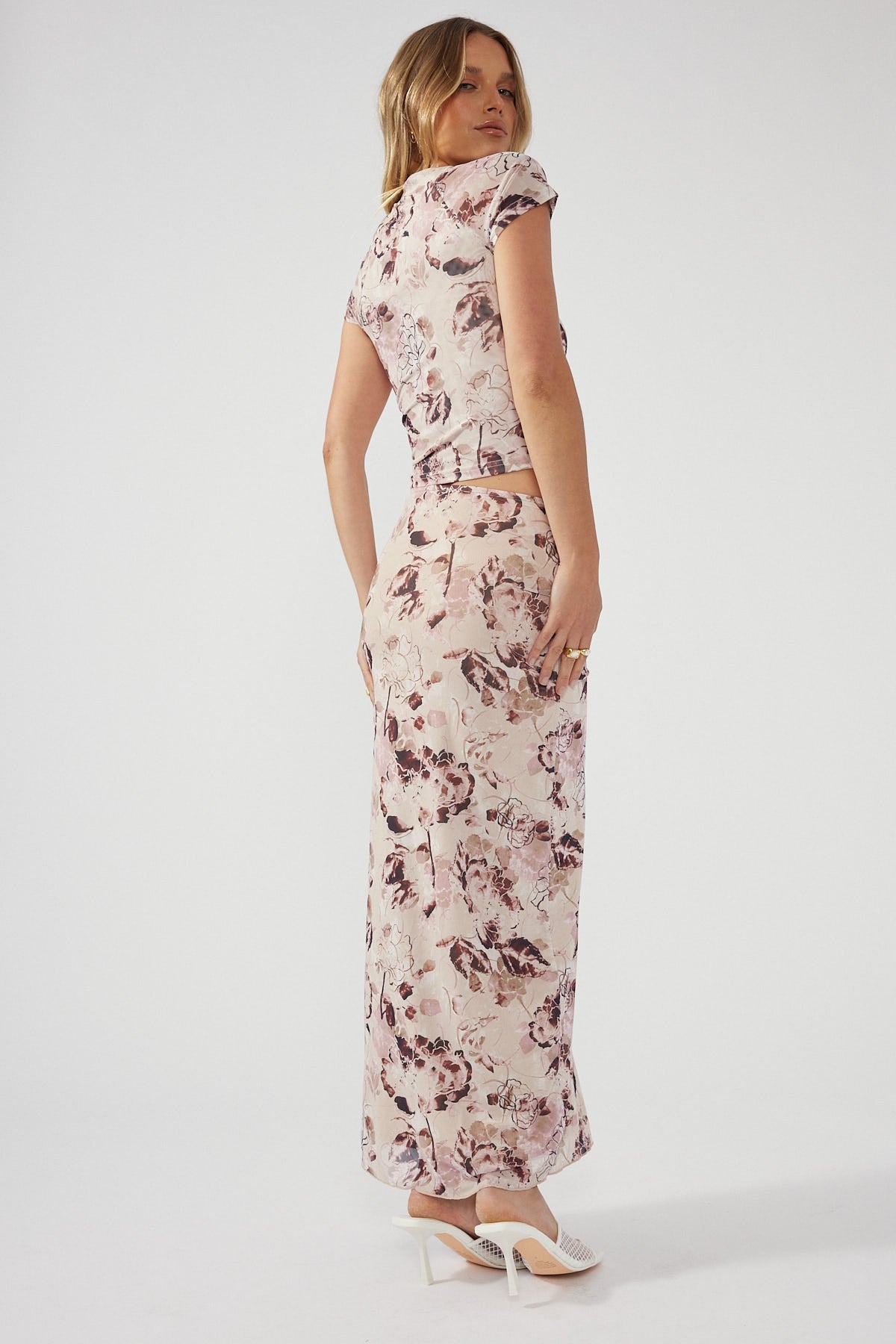 Perfect Stranger Heavenly Floral Mesh Maxi Skirt Nude Print