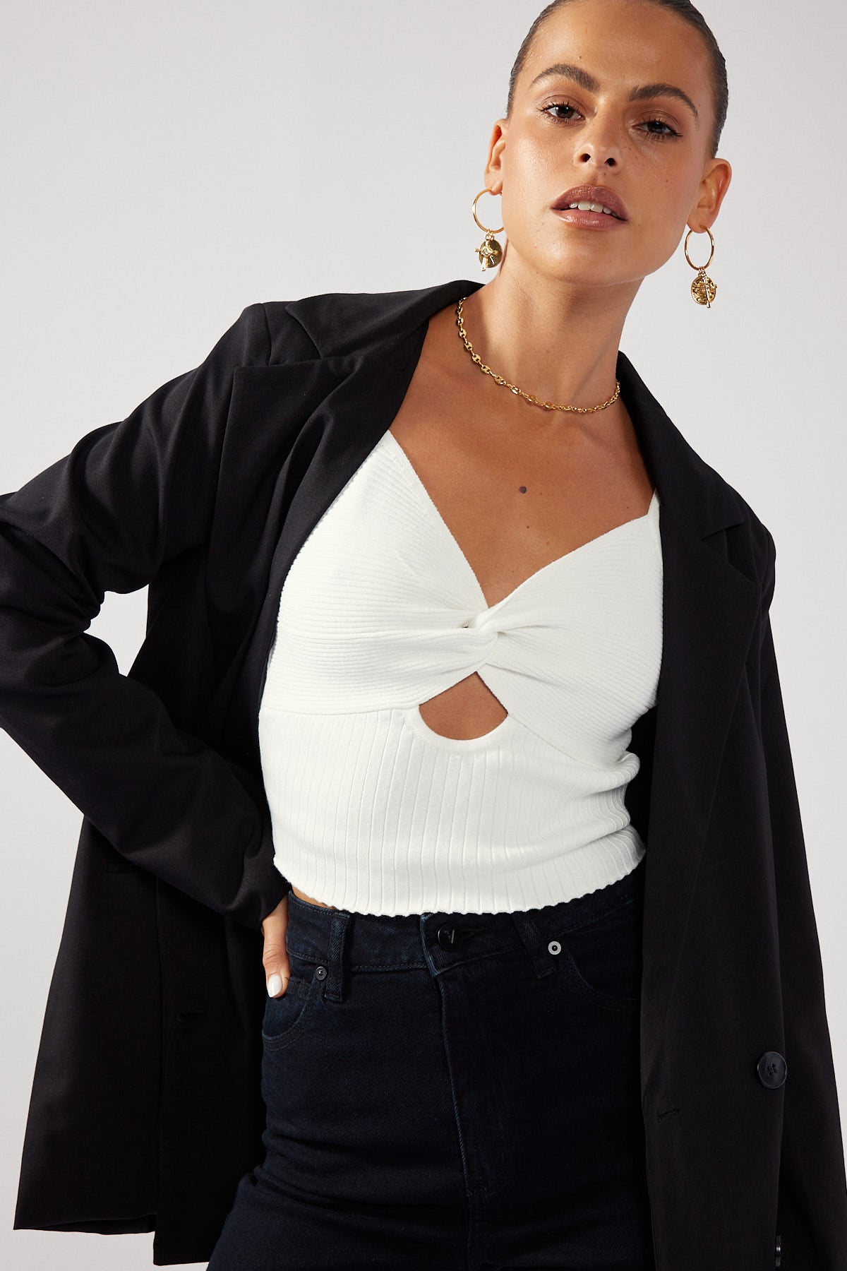 Perfect Stranger Twist Front Knit Top White