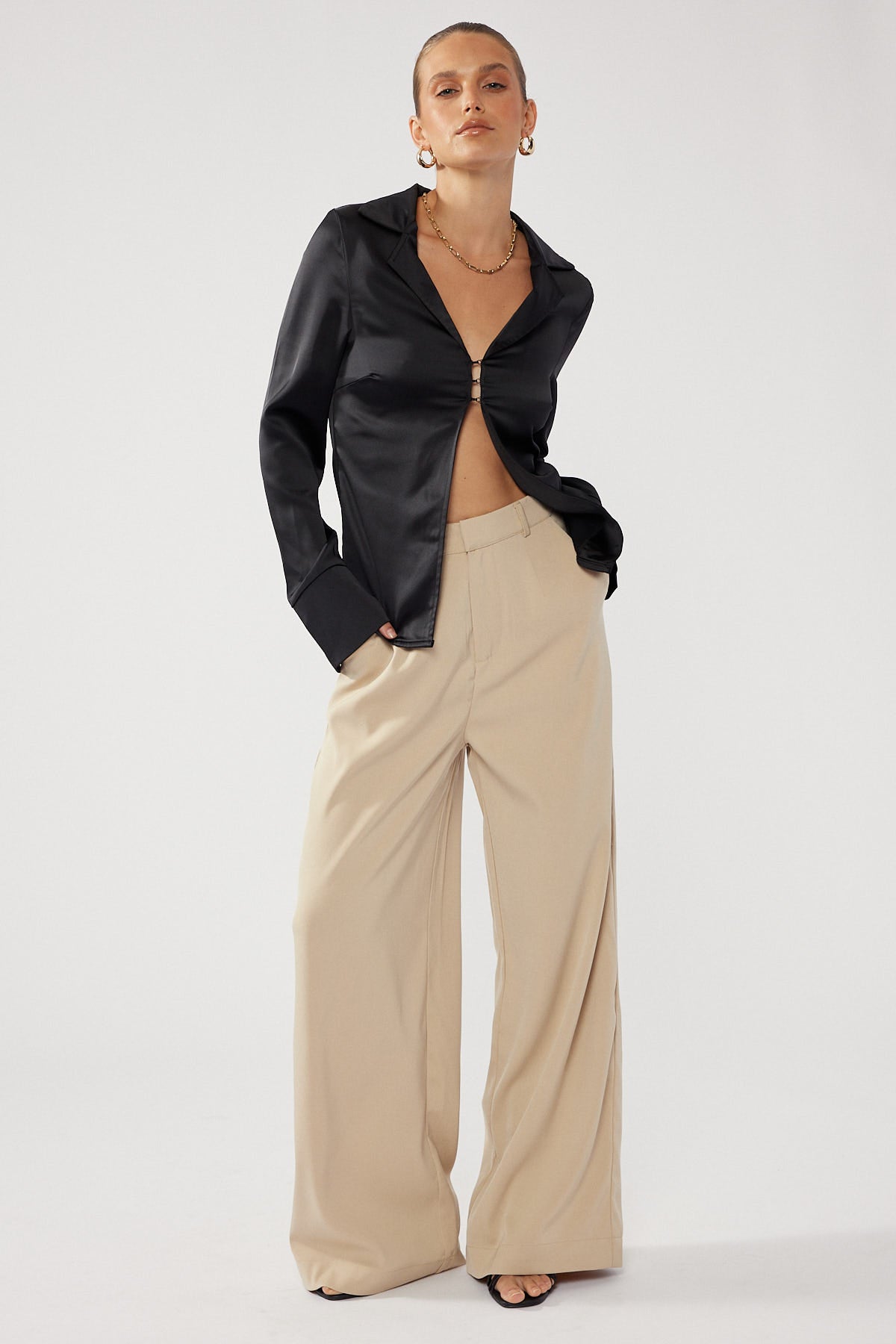Perfect Stranger Stella Long Sleeve Satin Top Black